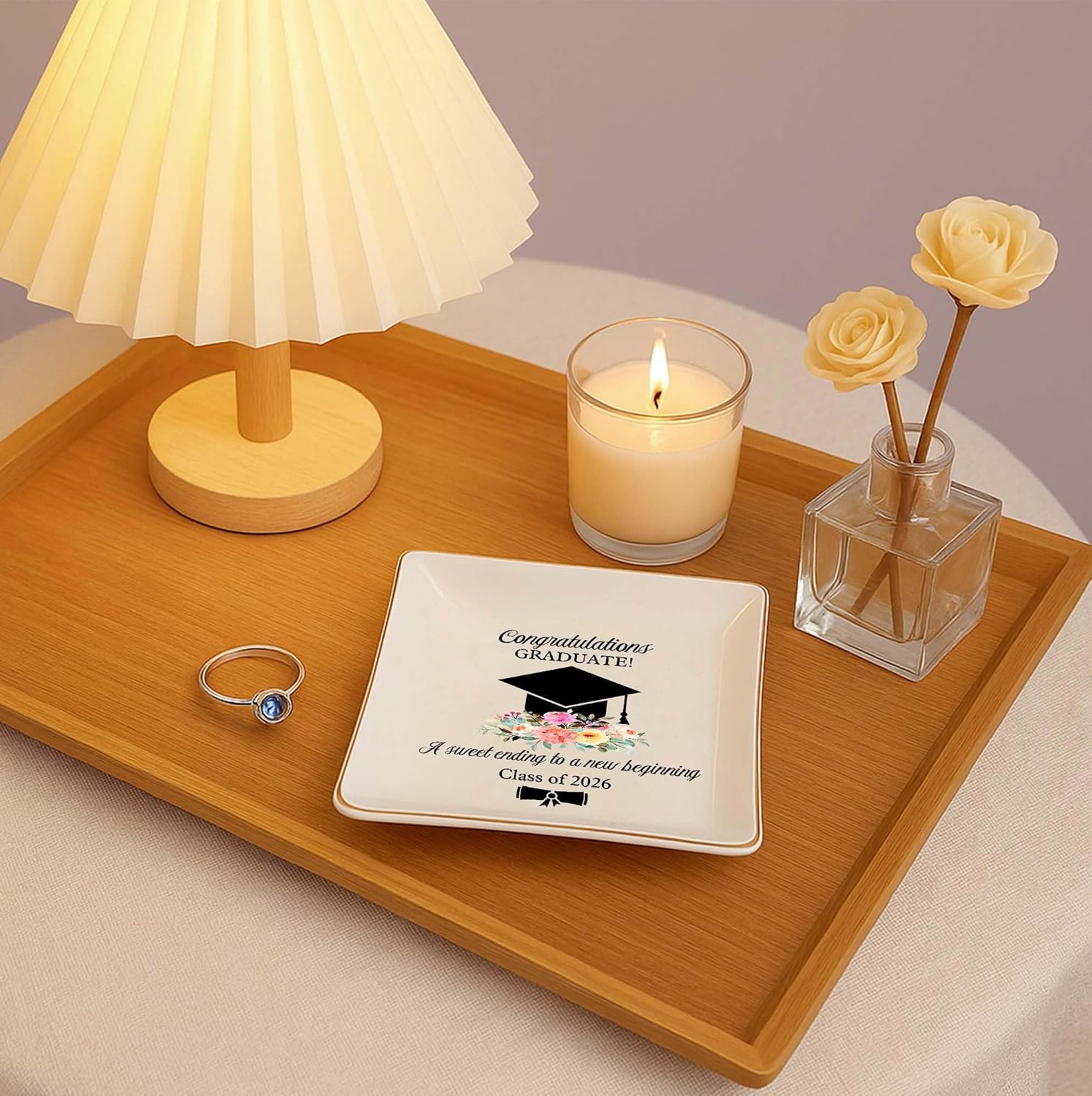 Cap & Flowers Graduate 4" Ceramic Jewelry Dish / Graduation