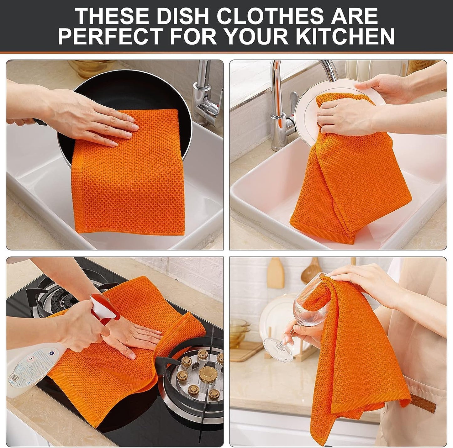 Kitinjoy 100% Cotton Waffle 8-Pack Kitchen Towels, 13" x 28", Orange | Super Soft, Ultra-Absorbent, Fast Drying