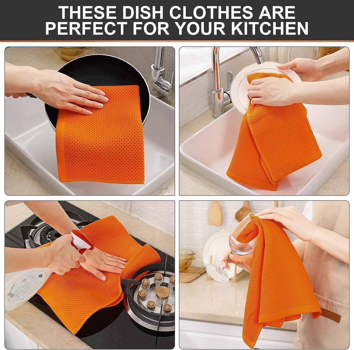 Kitinjoy 100% Cotton Waffle 8-Pack Kitchen Towels, 13" x 28", Orange | Super Soft, Ultra-Absorbent, Fast Drying