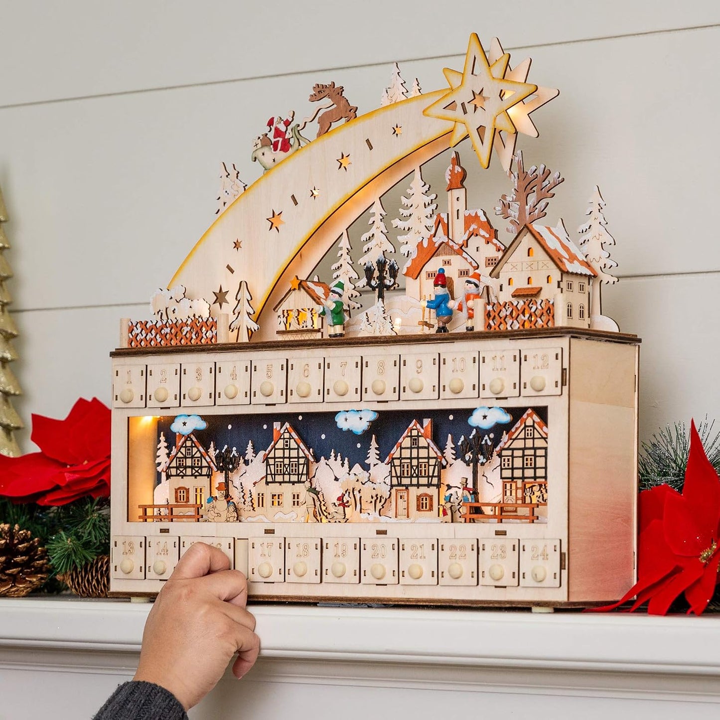 Best Choice Products Wooden Christmas Advent Calendar, Shooting Star Holiday Decoration w/Battery-Operated LED Light