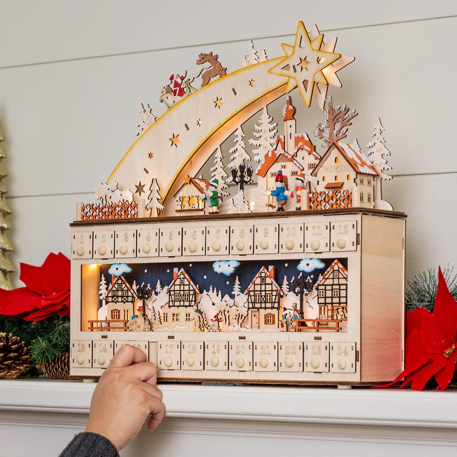 Best Choice Products Wooden Christmas Advent Calendar, Shooting Star Holiday Decoration w/Battery-Operated LED Light