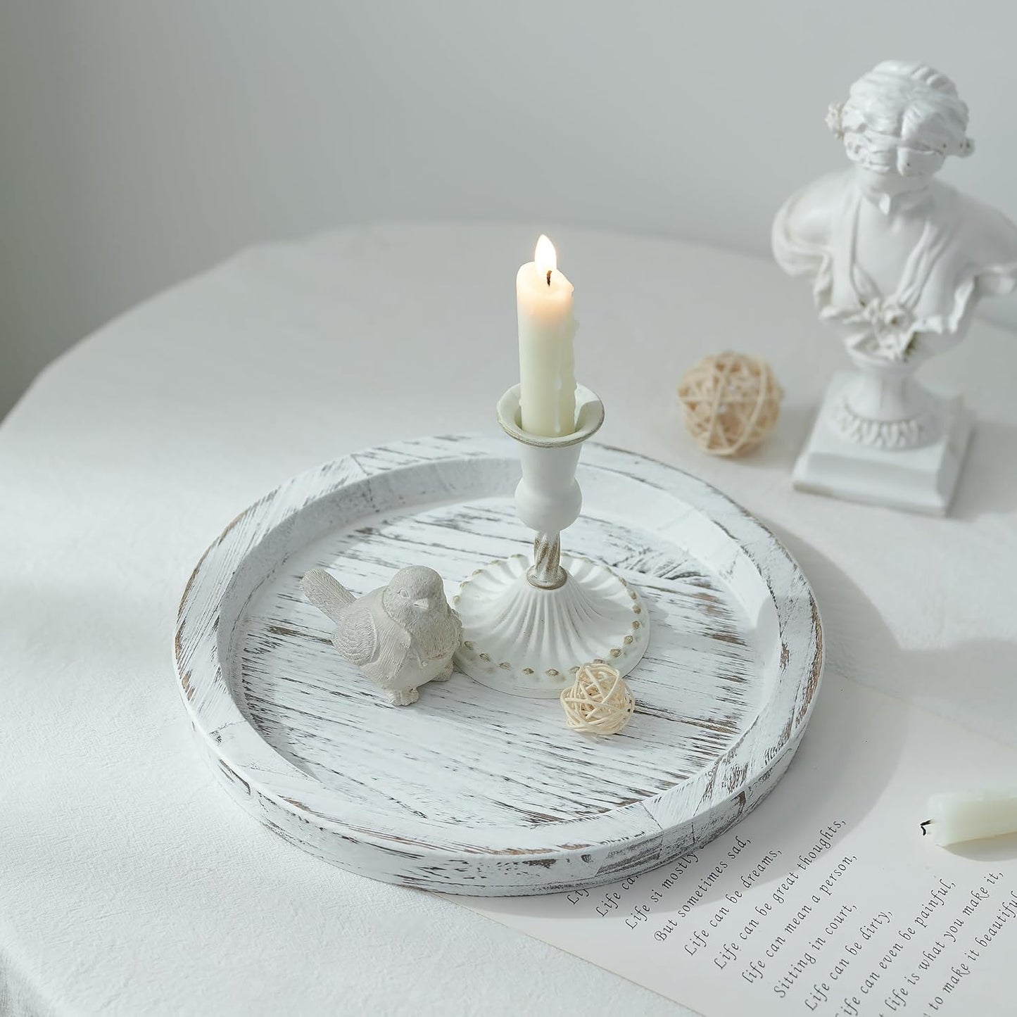 Round Wood Decorative Candle Plate / White Rustic