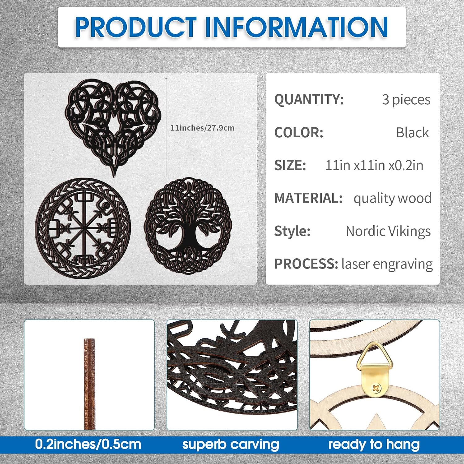 Viking Wall Decor Celtic Symbol Nordic Decor Norse Wooden Hanging Wall Art Celtic / Black / Set of 3
