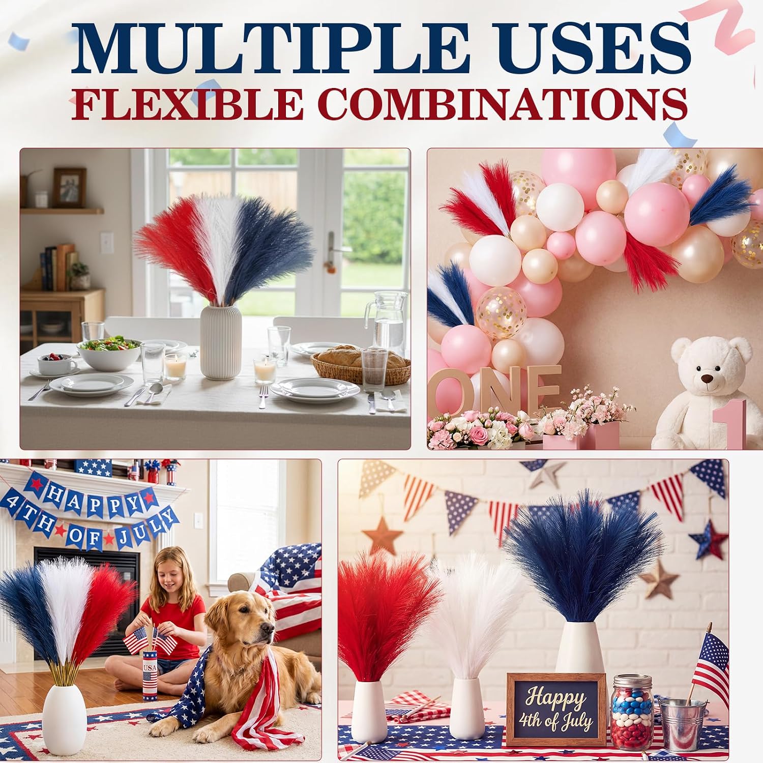 4th of July Faux Pampas Grass Decor Bulk White and Blue Patriotic / Red / 21.6 Inch / Set of 90