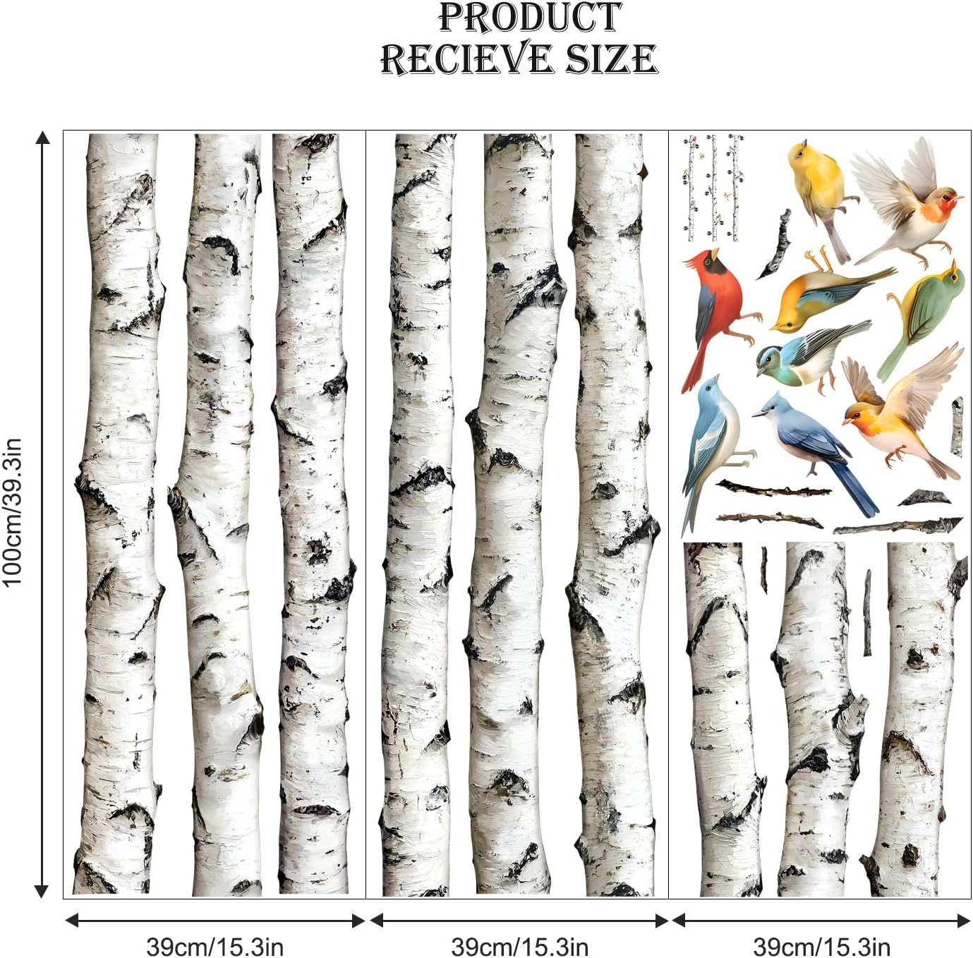 95" Tall Birch Tree Wall Decals 3 Aspen Trees Flying Birds Wall Stickers Peel and Stick / White