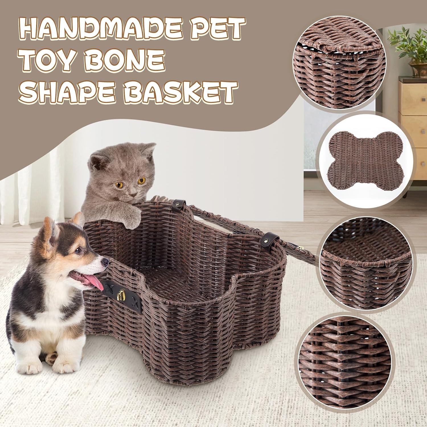 Lid Bone Shaped Basket for Dog Natural Woven Handmade Pet Puppy / Wicker / Dark Brown / Set of 2