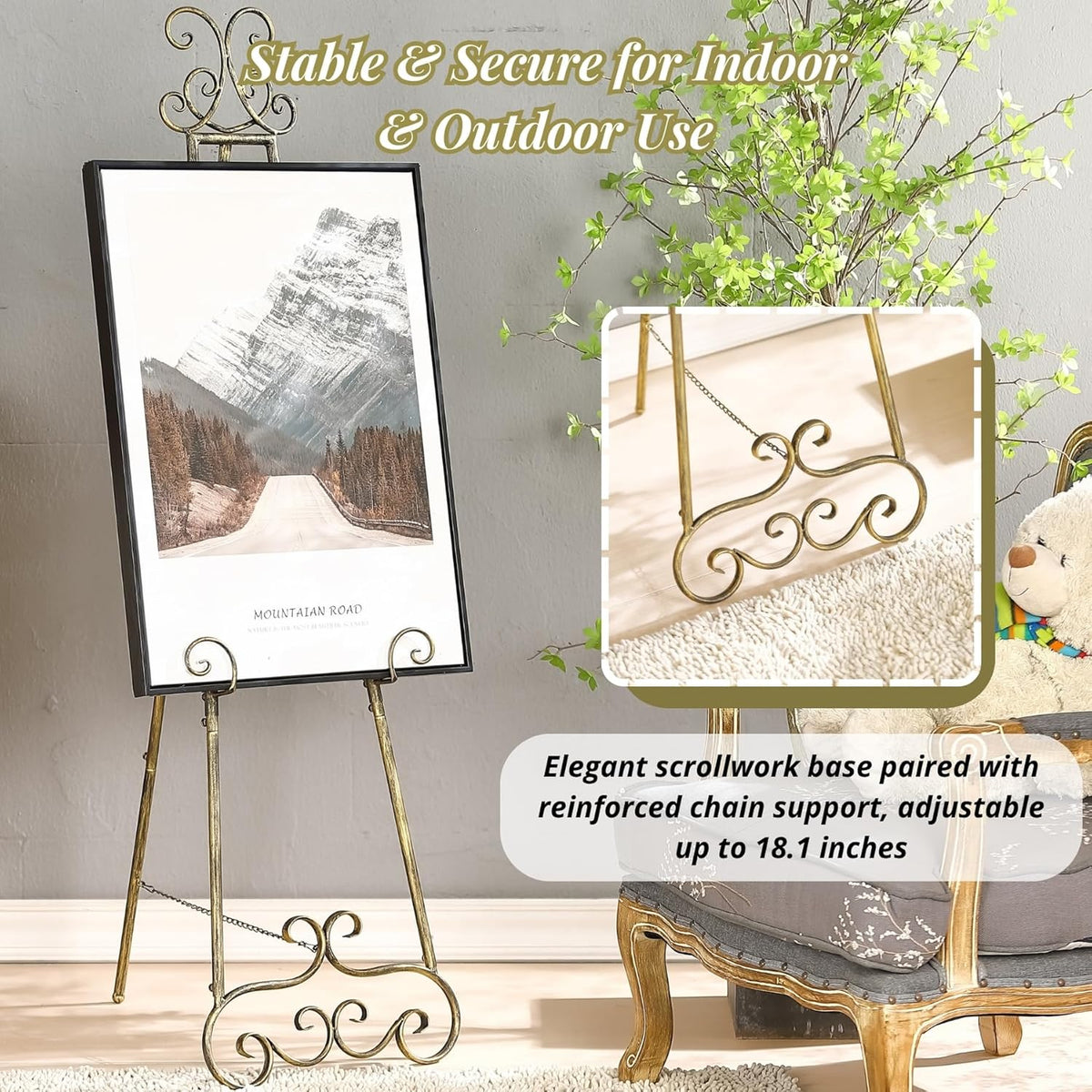 57”H Metal Easel Stand for Sign Vintage Gold Large Adjustable | Free Standing Display Scroll Easel Stand, Heavy Duty