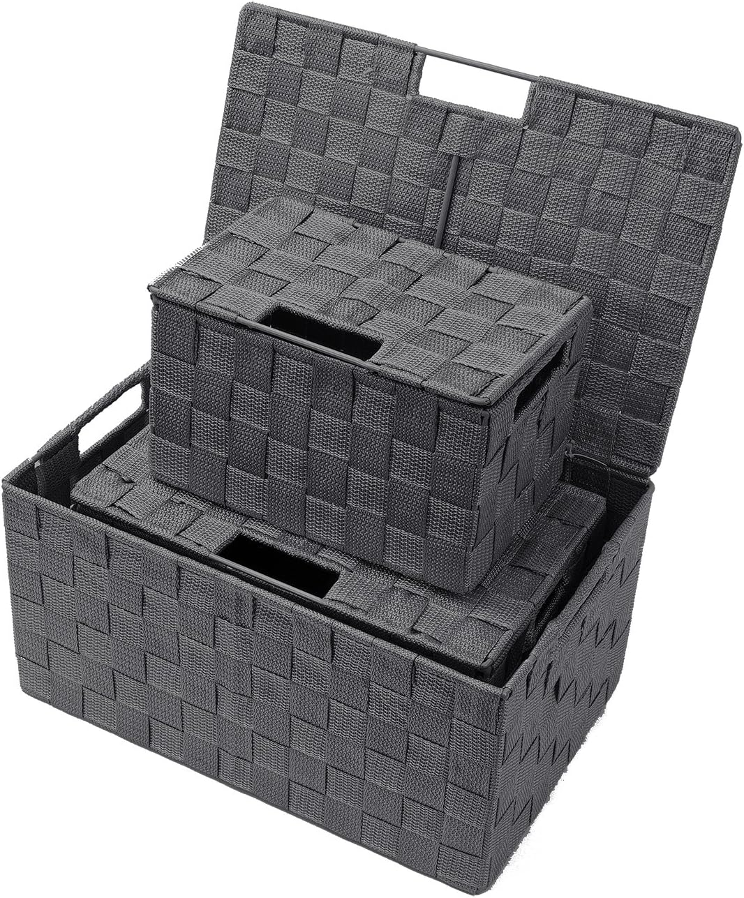 Hand-Woven Storage Baskets / Lid Bins / Gray / Set of 3