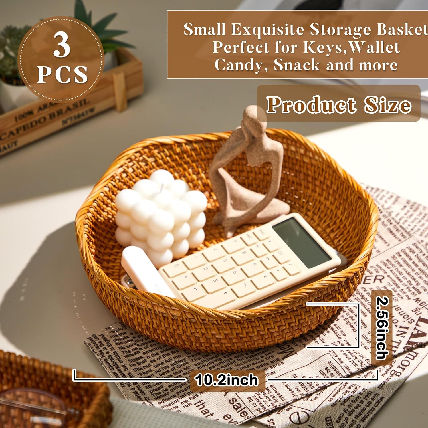 Scalloped Rattan Fruit Baskets Round Wicker Bread Food Serving / Natural / 10.2 Inch / Set of 3