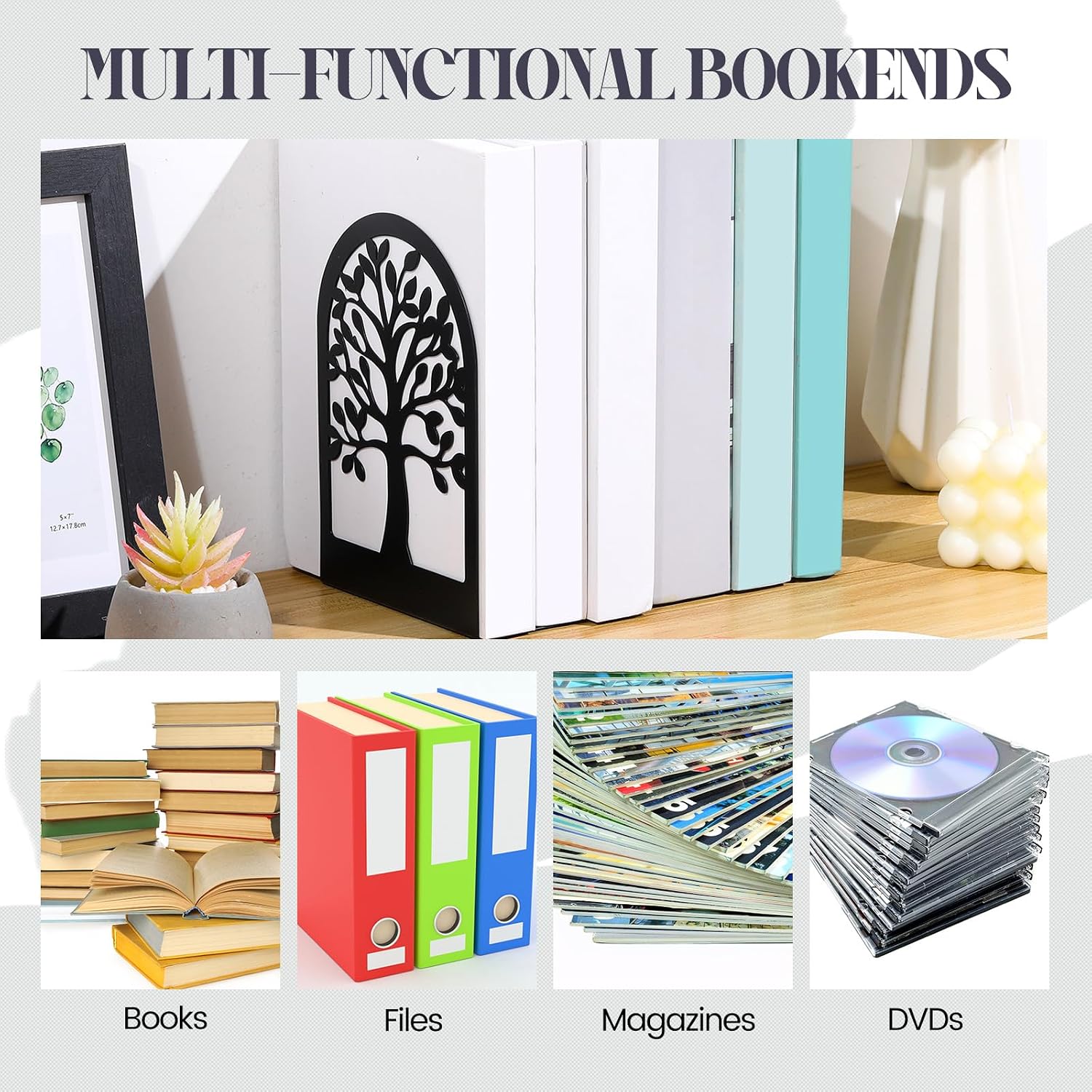 6 Pairs Decorative Book Ends Metal Bookends / Tree and Flower / Black