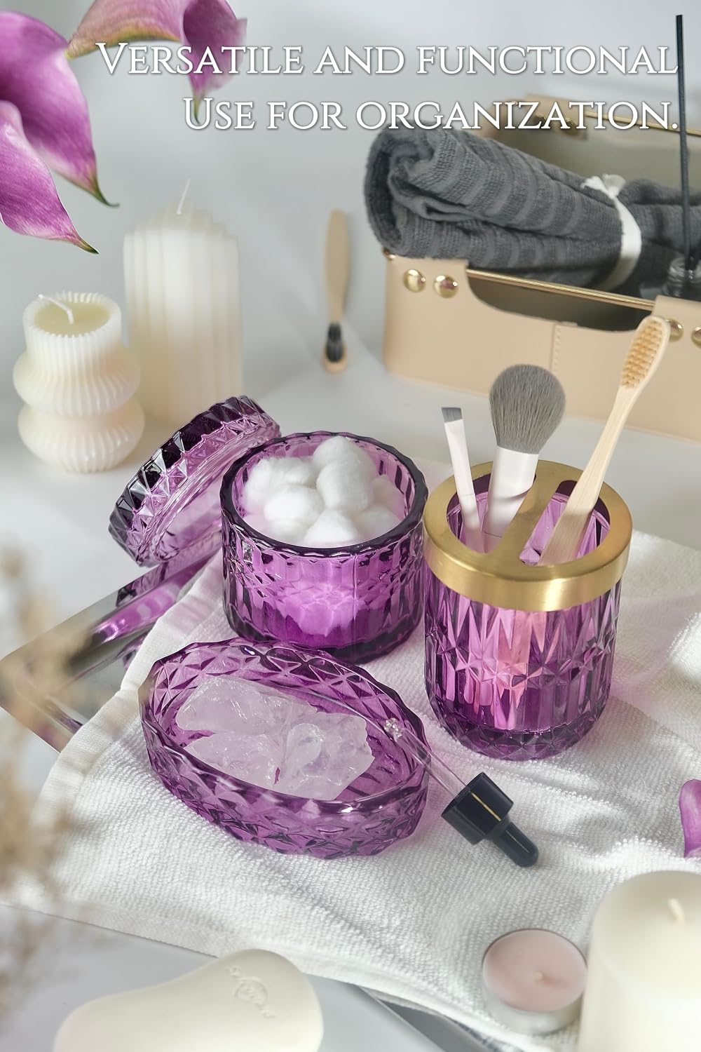 LaMrriti Purple Bathroom Accessories Set 5 Pcs, Glass Bathroom Set | Soap Dispenser and Toothbrush Holder Set, Q-tip