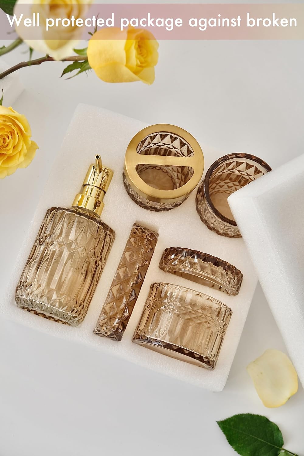 LaMarriti Brown Bathroom Accessories Set, 5Pcs Glass Bathroom Set, Soap Dispenser and Toothbrush Holder Set, Soap Dish