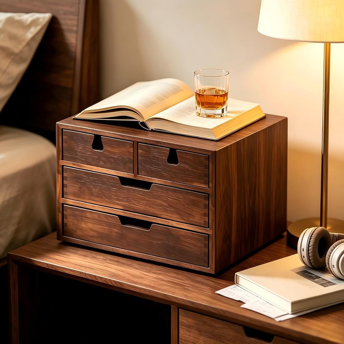 Bamboo Desk Organizer, 100% Natural Bamboo Desktop Drawer Organizer, Dark Brown Tabletop Storage Cabinet Organization