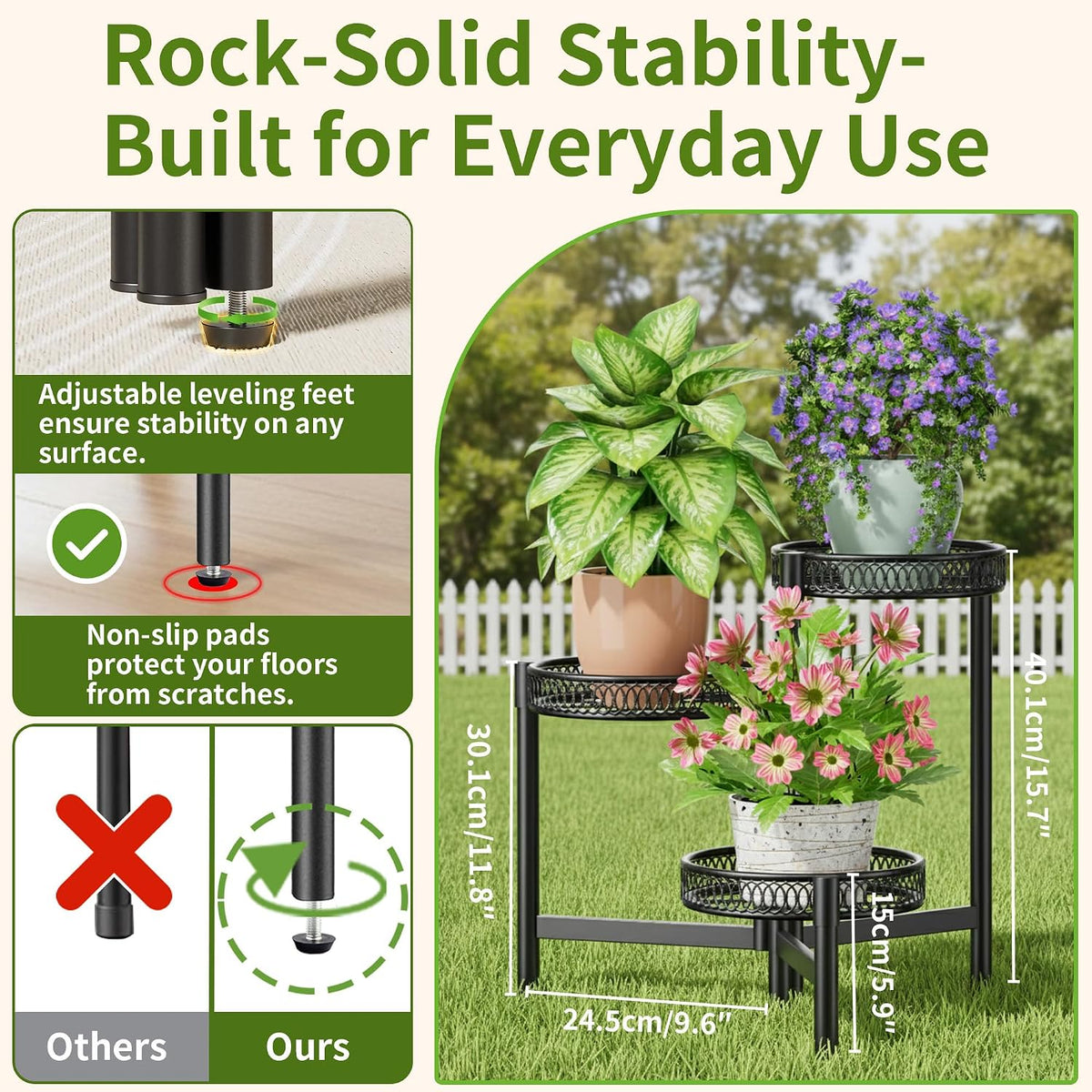 3 Tier Metal Plant Stand Indoor Outdoor, Corner Tall Plant Shelf for Multiple Plants, Foldable Heavy Duty Plant Holder