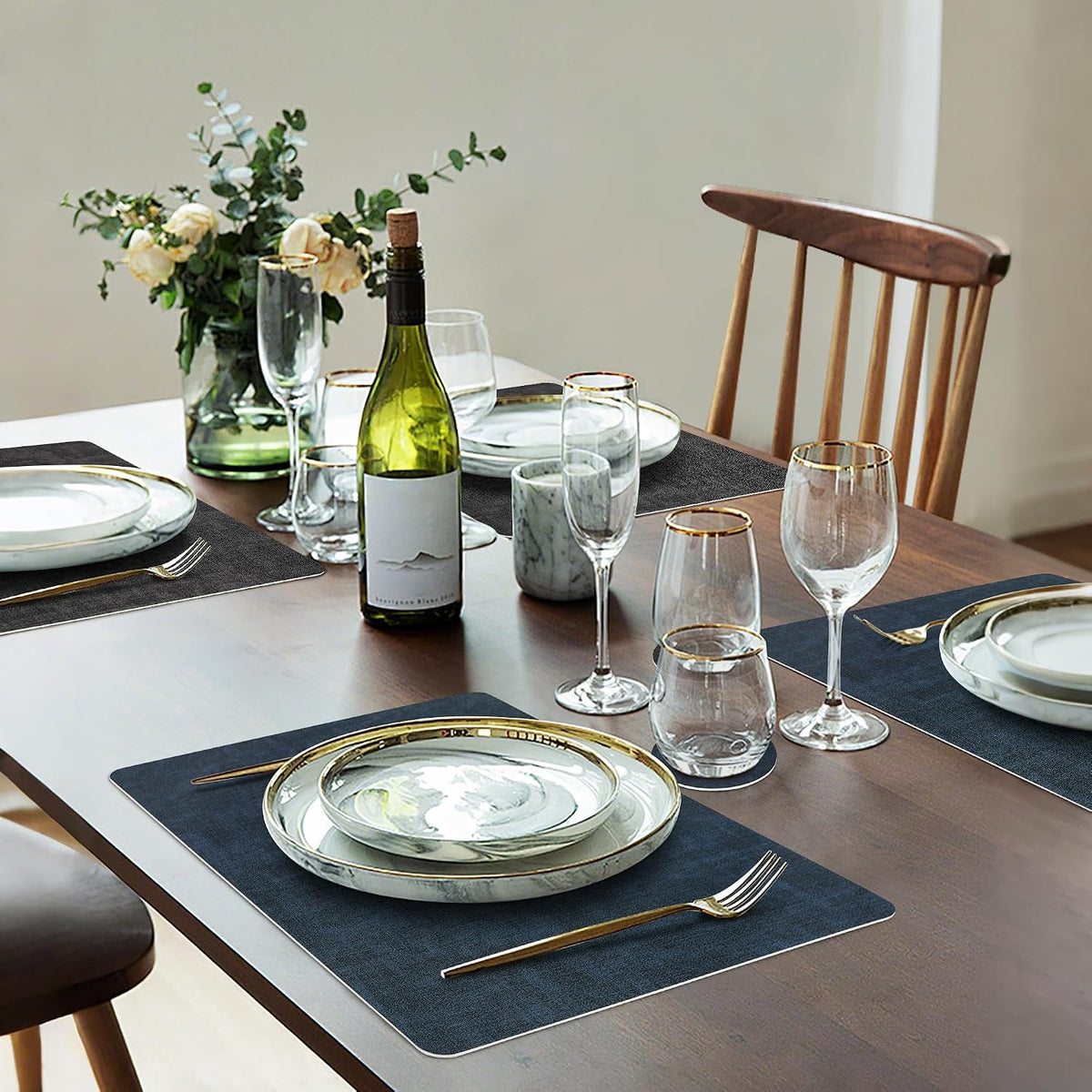 Fyvva Placemats Set of 6 Wipeable Reversible Faux Leather with Coasters | Waterproof, Non-Slip Rectangular Table Mats