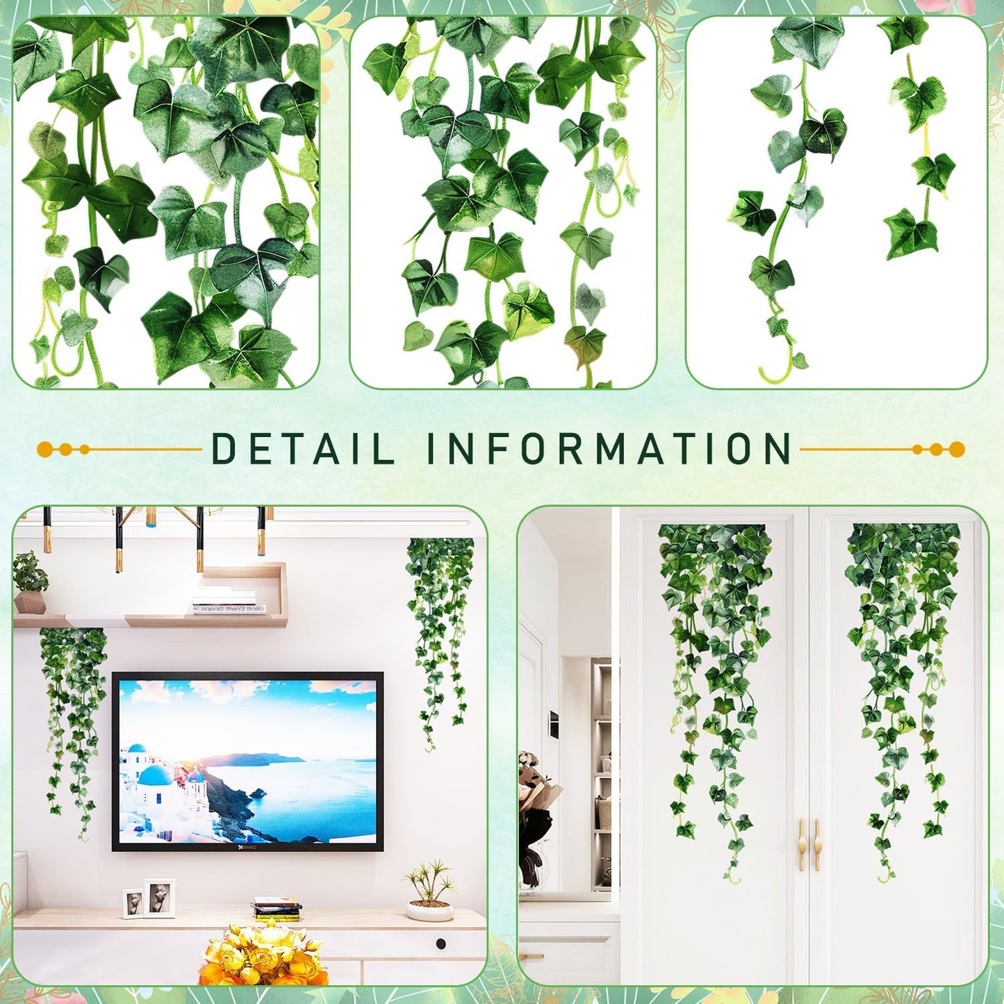 Green Plants Leaves Wall Decals Hanging Vine Wall Stickers Fresh Green Leaf Wall / Green Plant 19