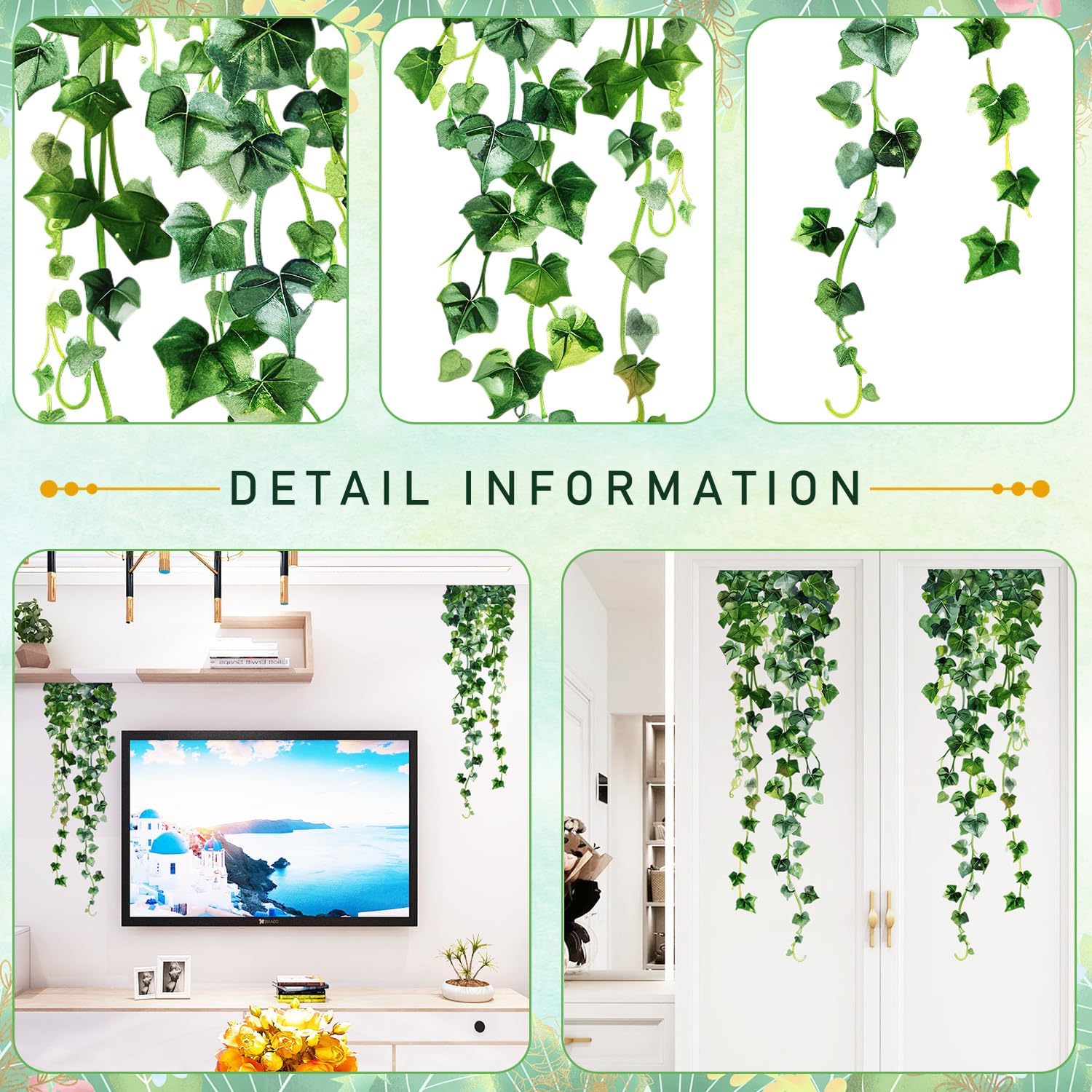 Green Plants Leaves Wall Decals Hanging Vine Wall Stickers Fresh Green Leaf Wall / Green Plant 19