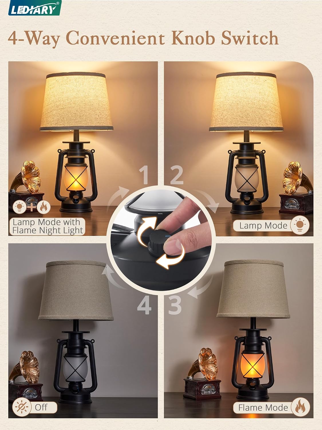 LEDIARY 18.72" Black LED Lantern Flickering Flame Table Lamps Set of 2 | Small Farmhouse Vintage End Table Lamps