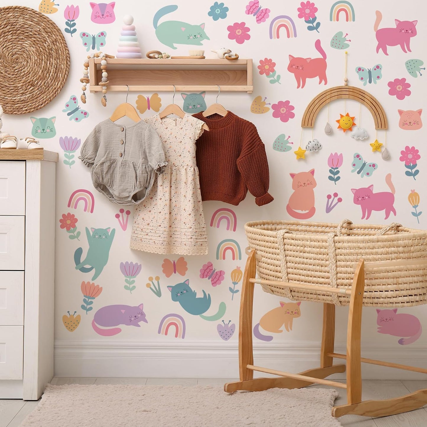 Cat Wall Decals / Colorful Pet Cat Butterfly Rainbow Decal