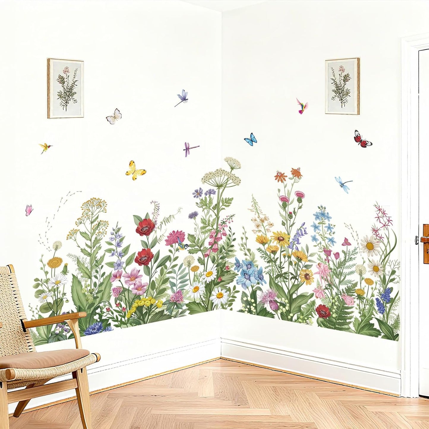 Plants Wild Flowers Wall Stickers Grass Floral Leaves Butterflies Peel and Stick Wall Art / Green