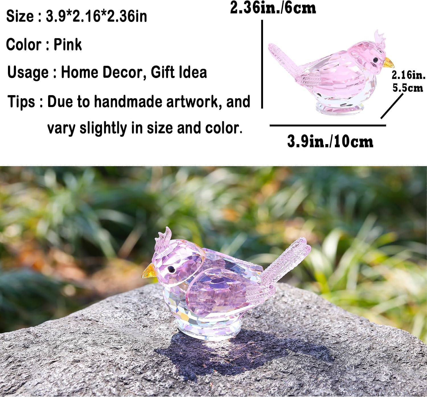 Crystal Bird Figurine Gifts for Women Art Glass Birds Collectible Statue for Animal Lovers / Pink
