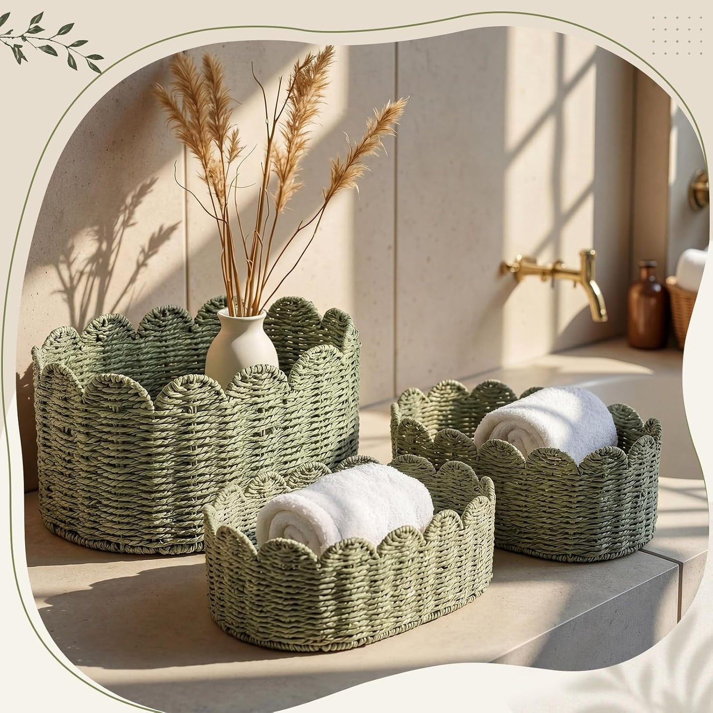 Scalloped Baskets for Organizing Paper Rope Storage Baskets Shelves / Sage Green / Set of 3