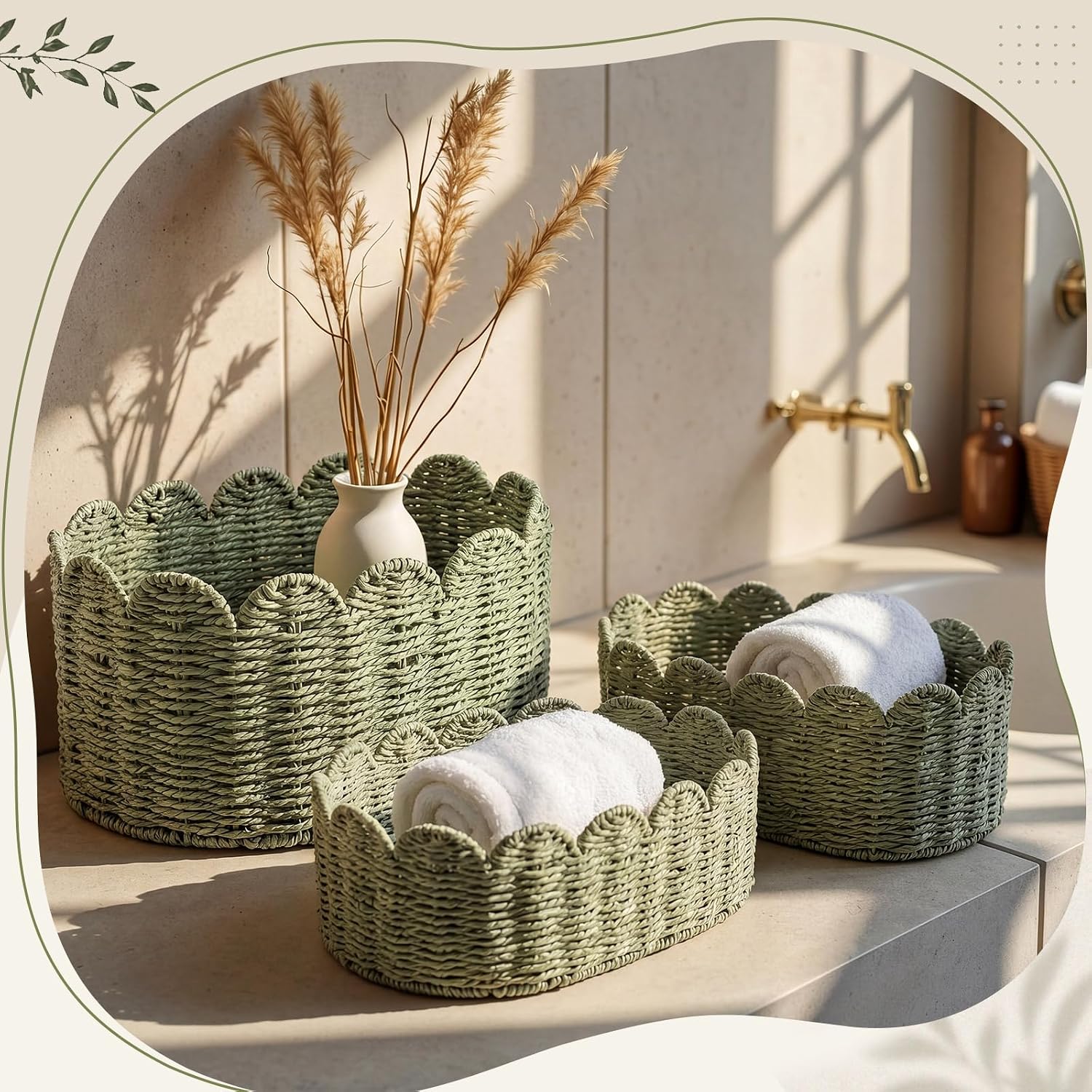Scalloped Baskets for Organizing Paper Rope Storage Baskets Shelves / Sage Green / Set of 3