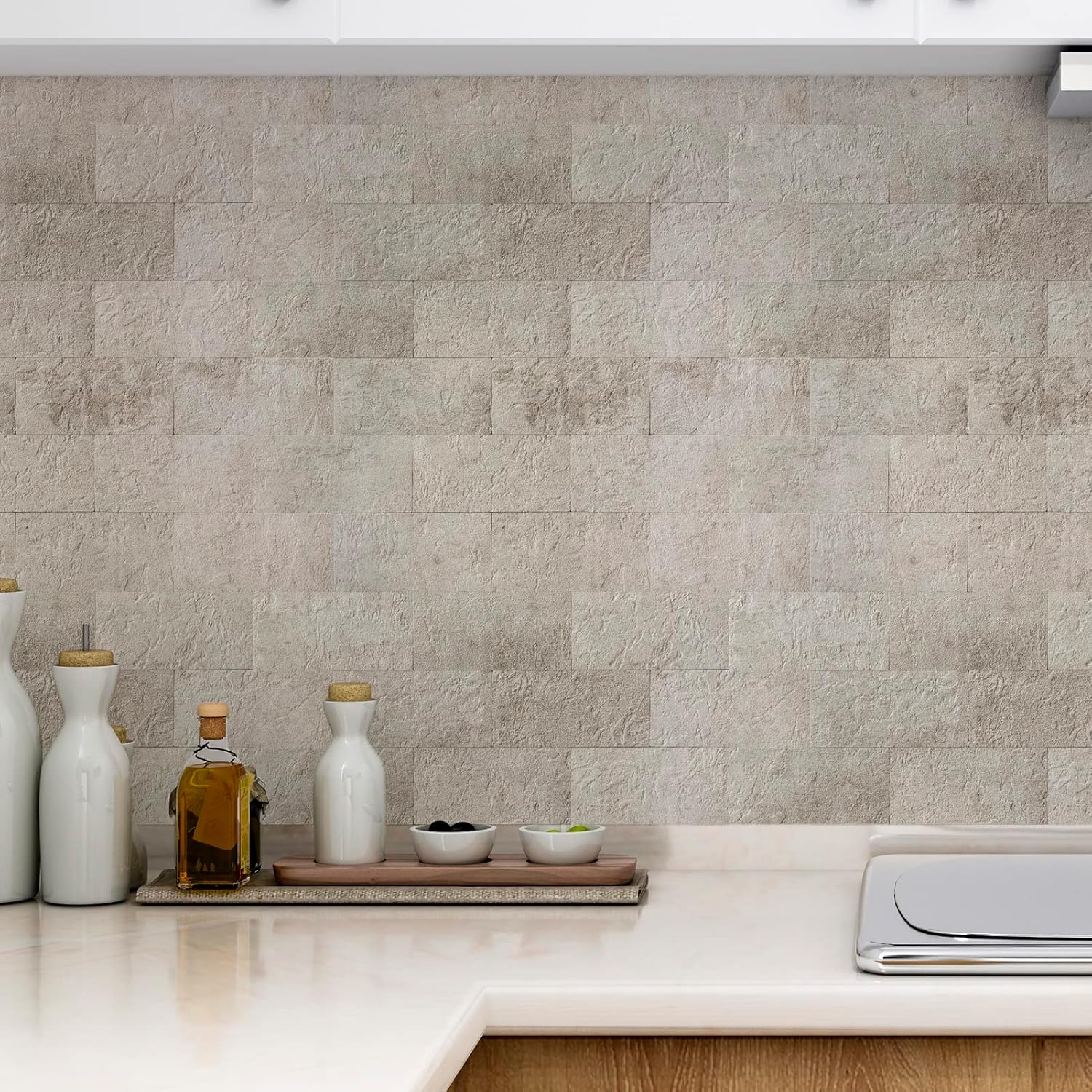 Stick on Stone Tile / Stone Beige / 11.3 x 13.5 / Set of 10