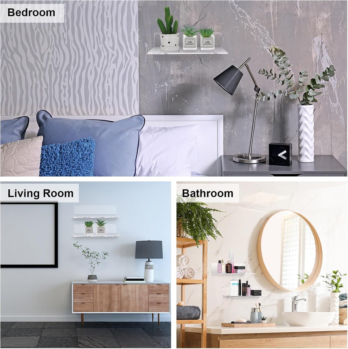 Vinsot 8 Pack Acrylic Floating Shelves 12 Inch Clear Acrylic Wall Display 4 mm Thick Invisible Book Shelves for Bedroom