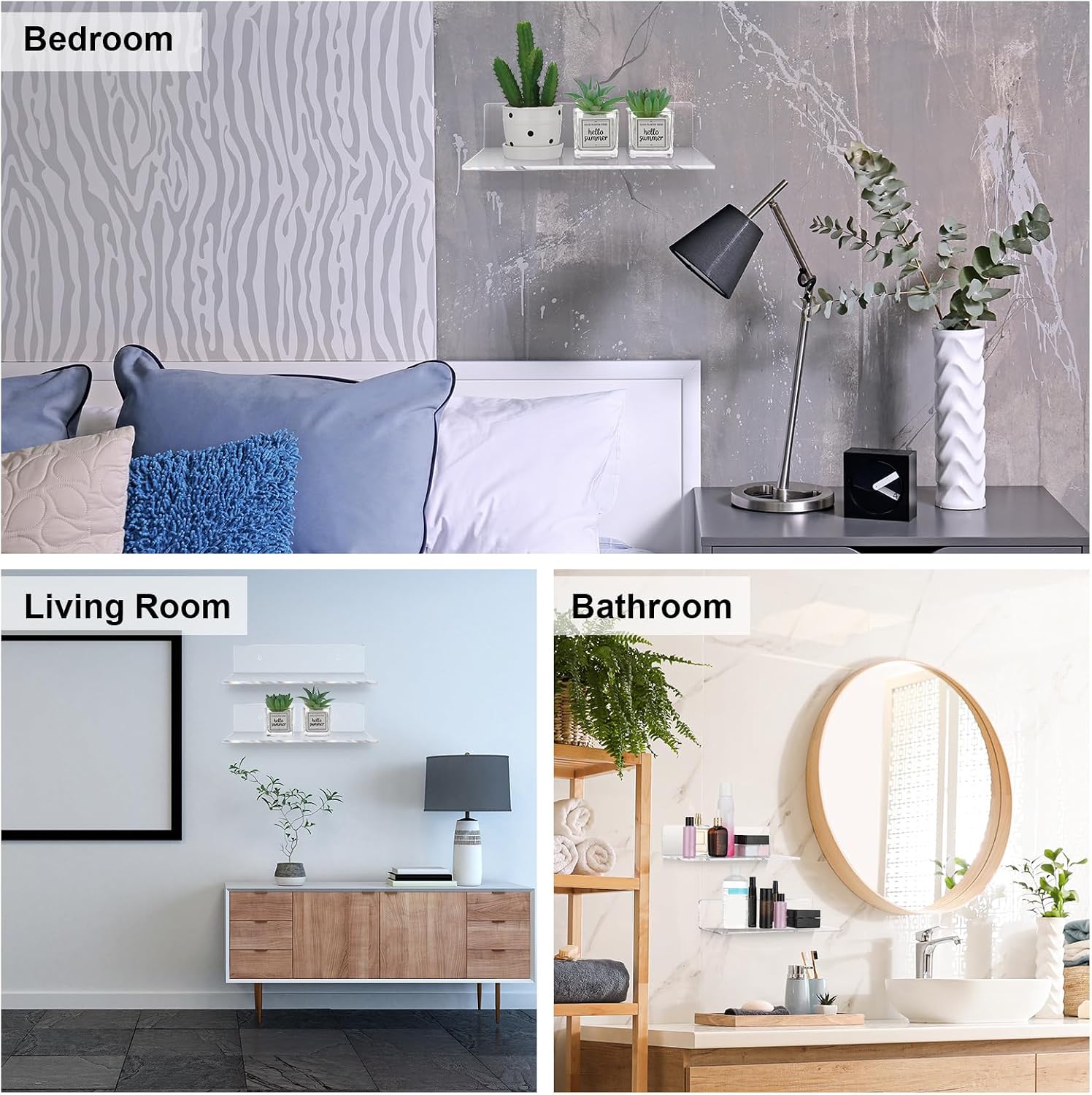 Vinsot 8 Pack Acrylic Floating Shelves 12 Inch Clear Acrylic Wall Display 4 mm Thick Invisible Book Shelves for Bedroom