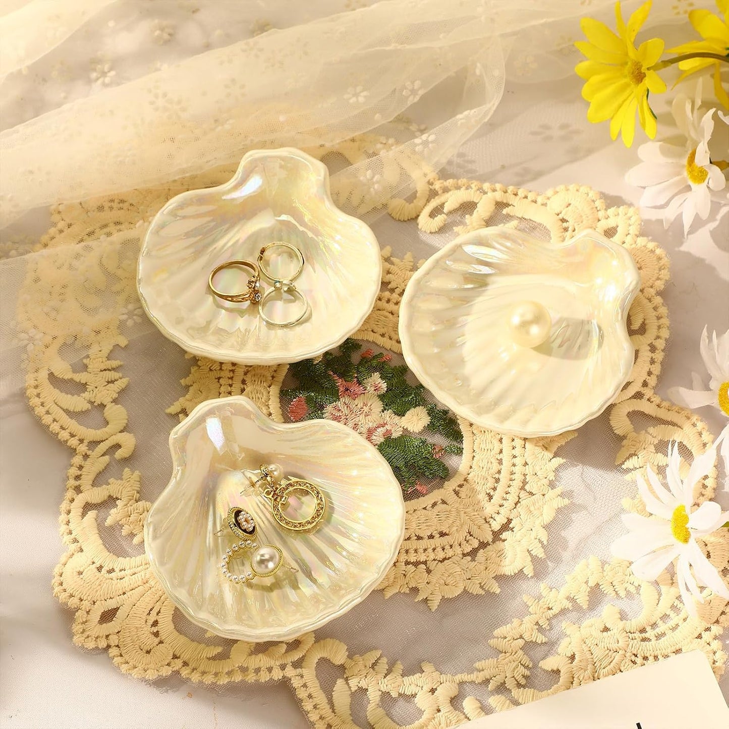 Shell Ring Dish Ceramic Jewelry Trinket Dish Tray Seashell Ring Key Holder Bowl / White / Set of 8