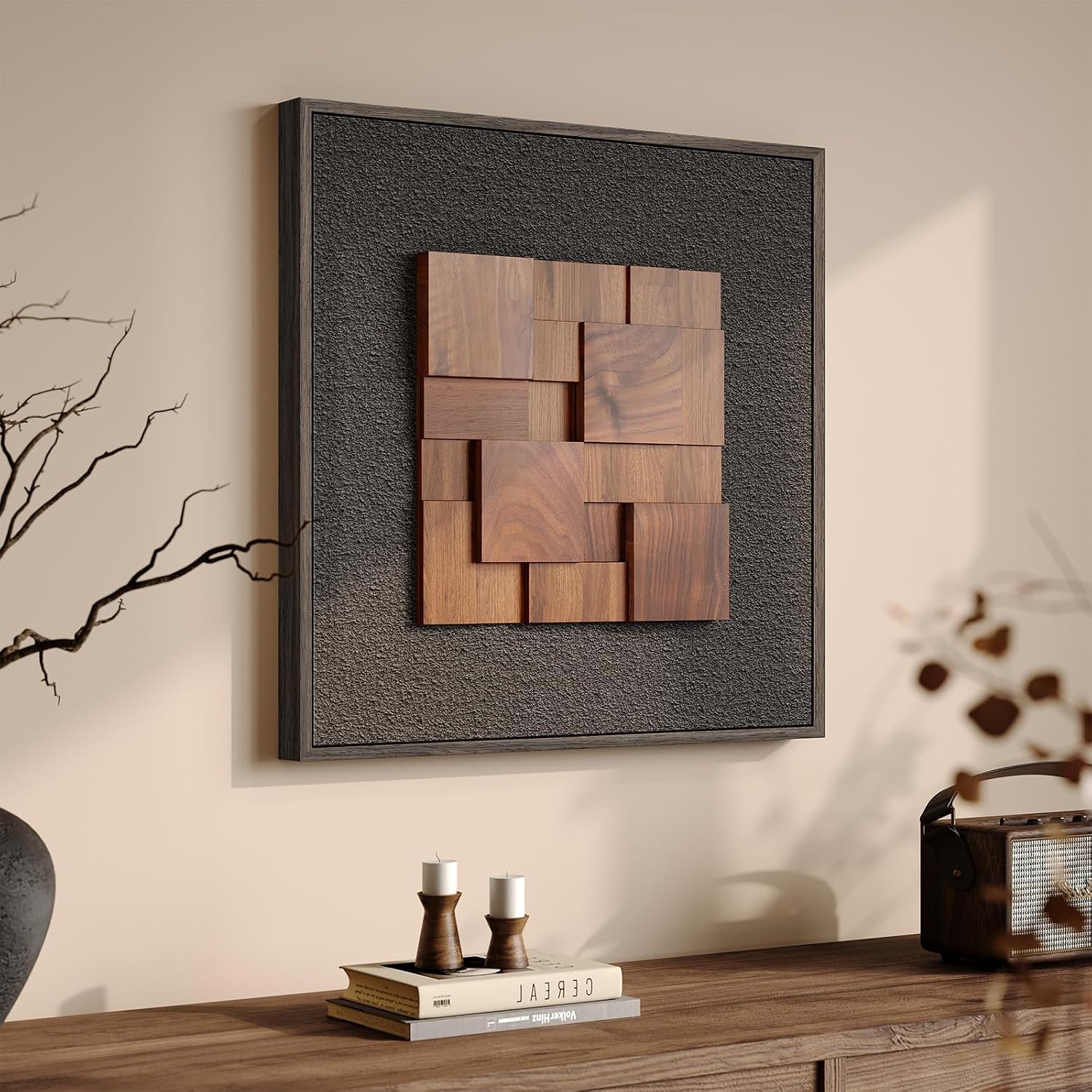 Framed 3D Textured Wood Wall Art / 24"L x 24"W / Black Brown