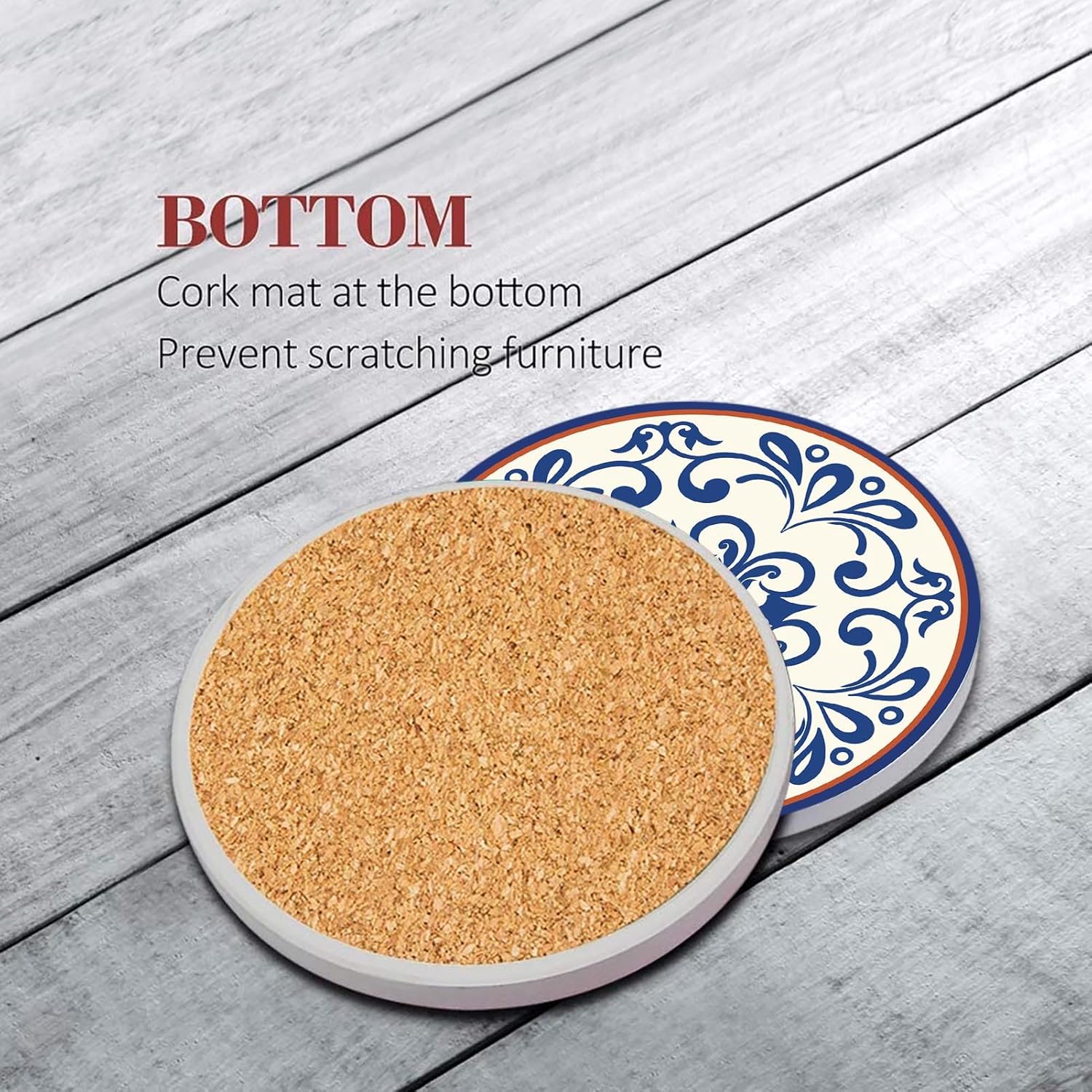 Vintage Floral Absorbent Round Ceramic Stone Mat / Spanish Ceramic / Blue / Set of 6