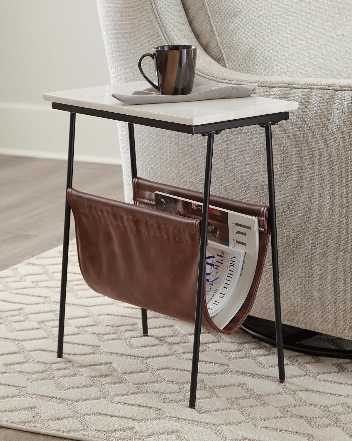 Signature Design by Ashley Marble End Table with Magazine Holder, Etanbury | Genuine white marble top, Brown faux