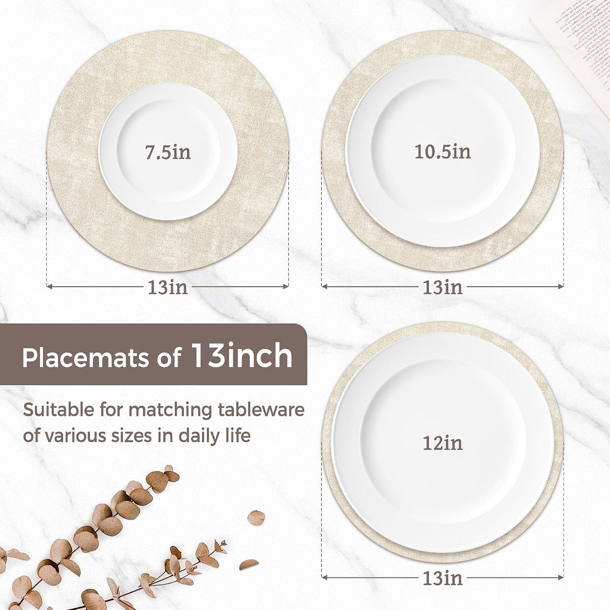 13" Round Placemats Set of 8, Reversible Faux Leather Wipeable Table Mats | 2mm Vinyl Heat Resistant, Waterproof