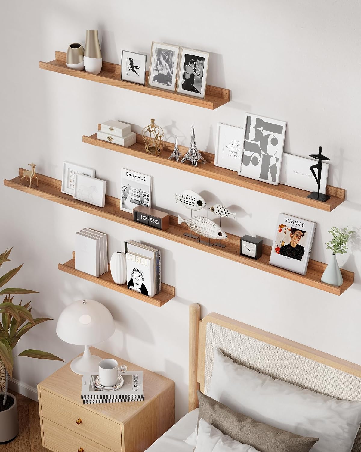 Cherry Picture Ledge Shelf, 36 Inch Floating Shelves Set of 2, Solid Wood Wall Shelves with Lip, Wall Decor Storage for