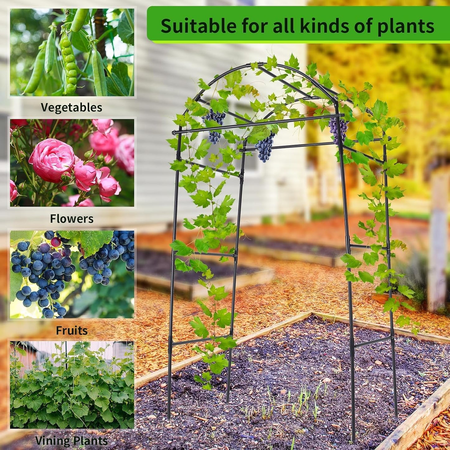 FOLLOOK 6.7FT Garden Arch Trellis for Climbing Plants Outdoor, Black | Metal Cucumber Trellis for Raised Beds with