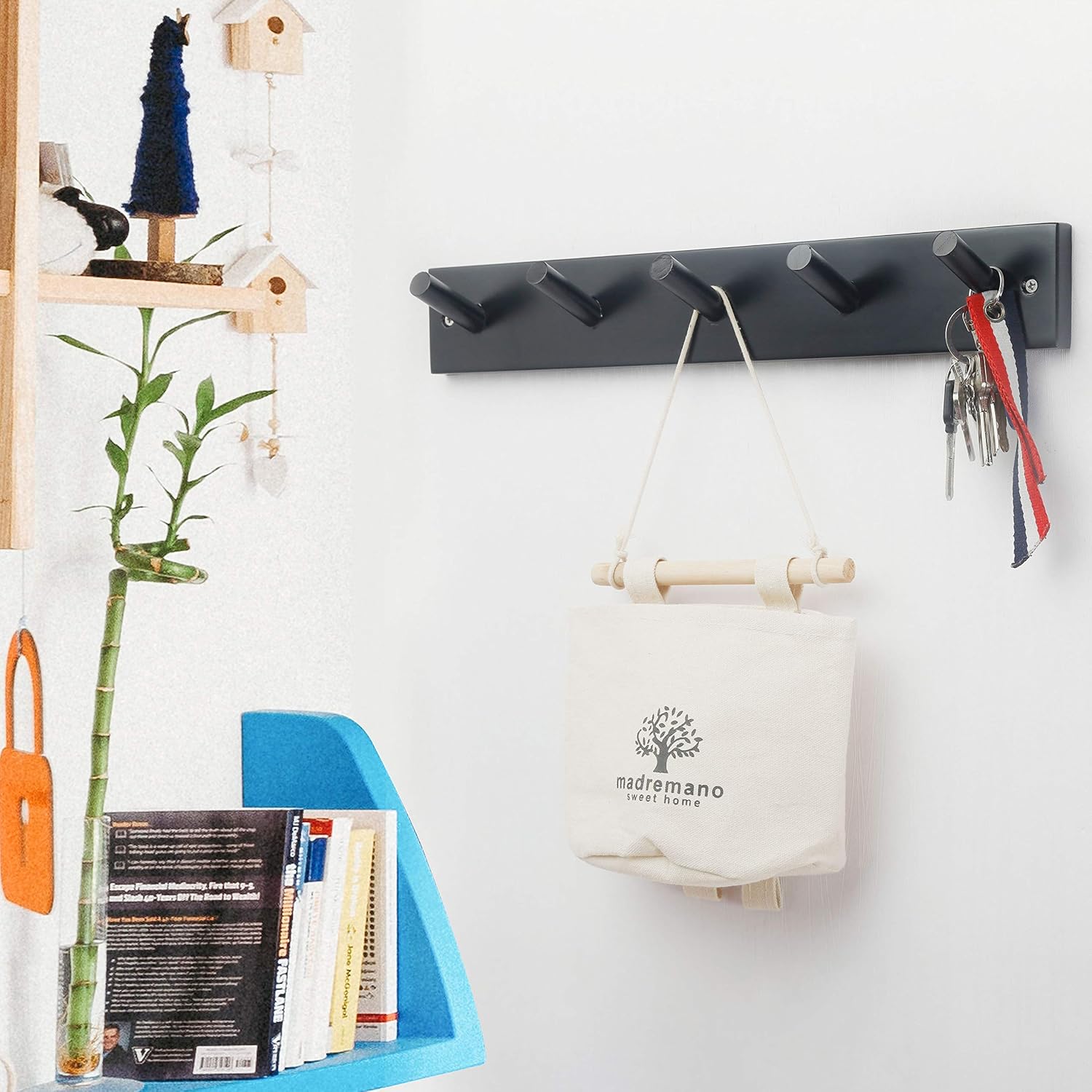 WEBI Coat Rack Wall Mounted,16" Hole to Hole,Coat Hanger Wall Mount with 5 Hooks for Hanging Coats,Hook Rack Peg Rail