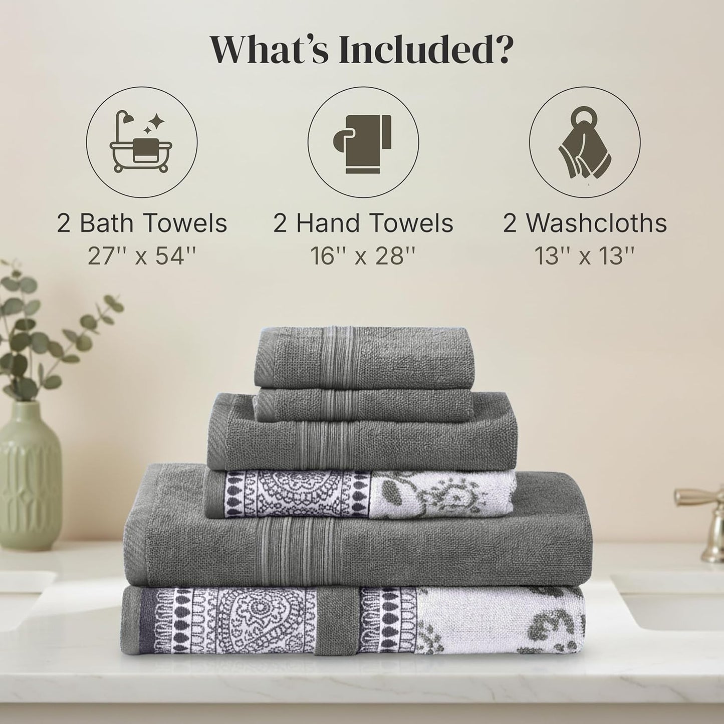 Modern Threads 6 Piece Bath Towel Set – Bathroom Set with 2 Bath Towels, 2 Hand Towels, and 2 Wash Cloths – 100%