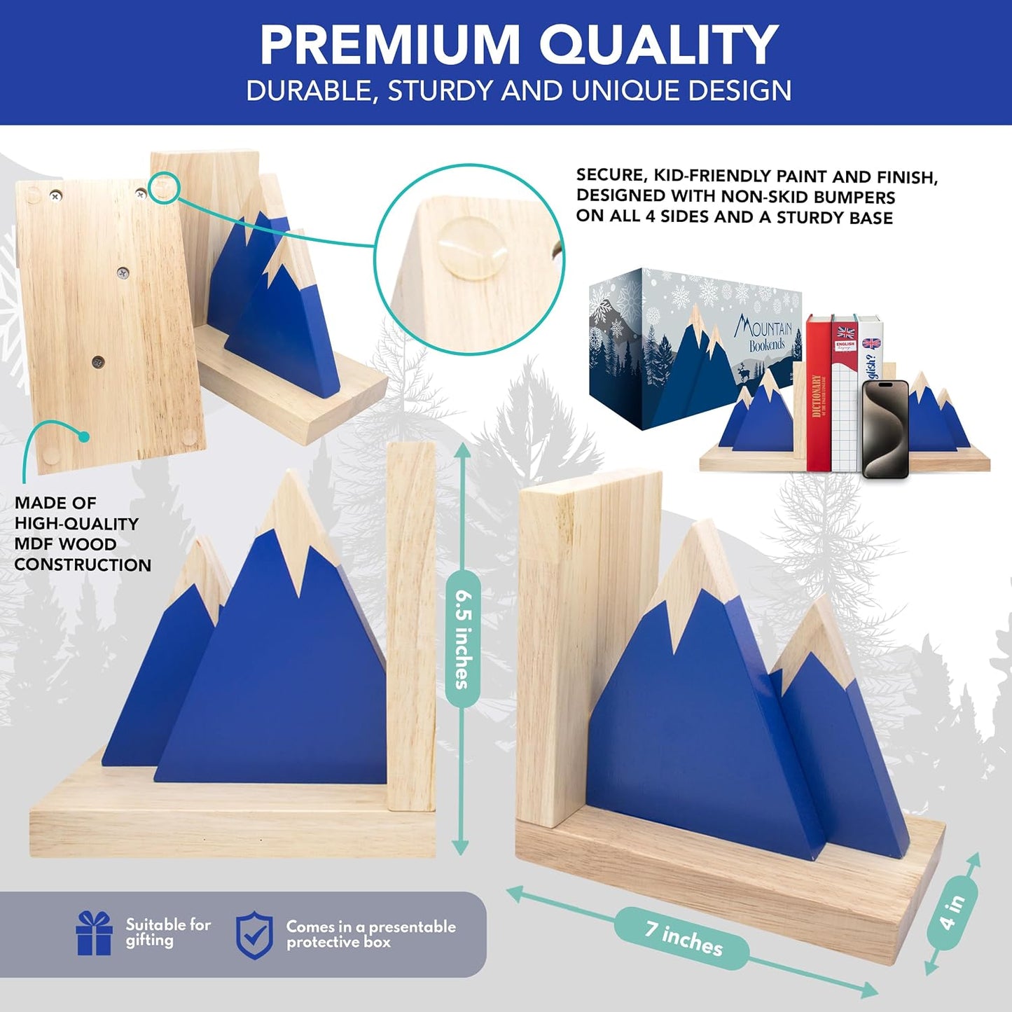 Non-Skid Wooden Bookends for Kids / Blue