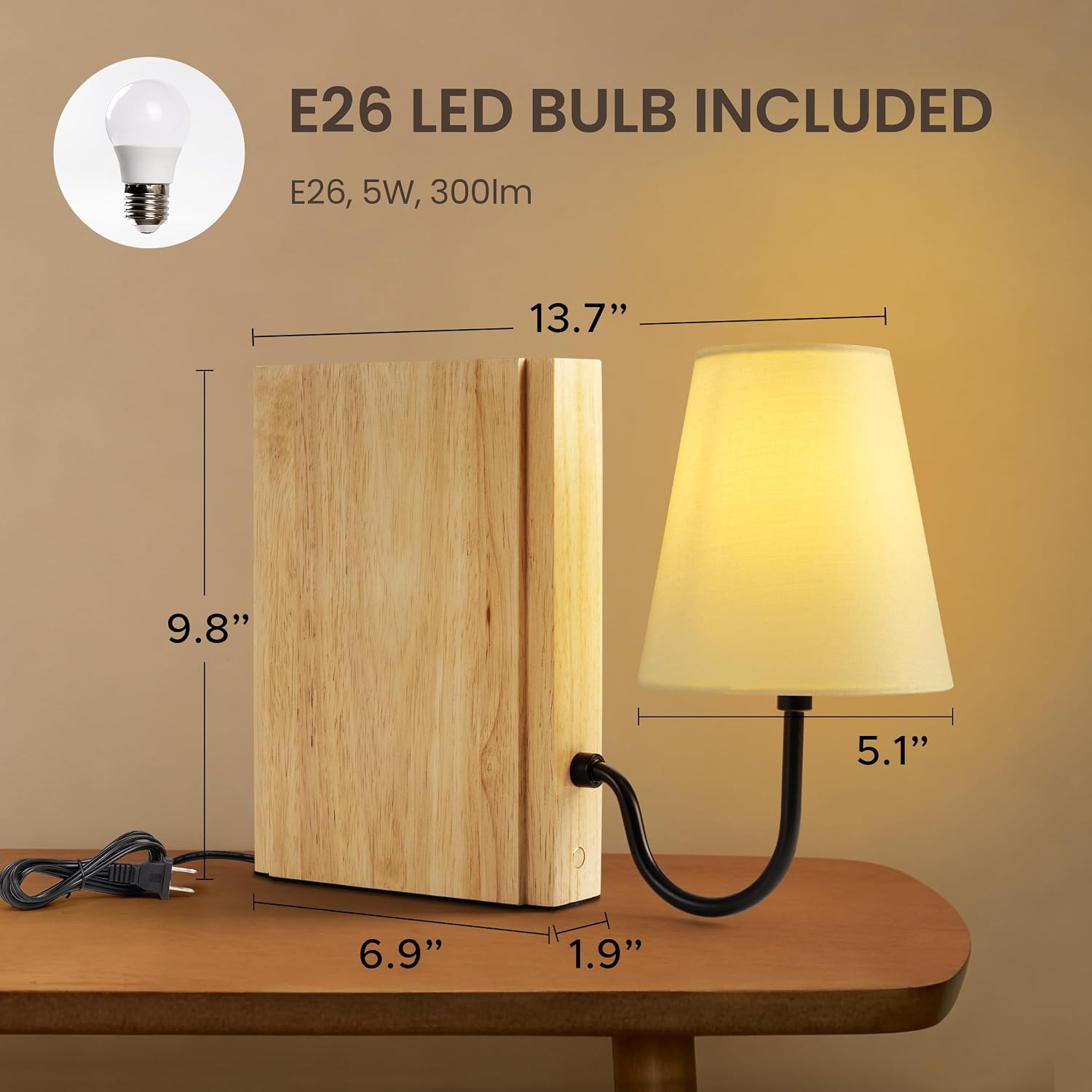 Solid Wood Bookshelf Lamp with Bulb, 3-Color Touch Control Dimmable Table Lamp with Linen Shade, Modern Decorative