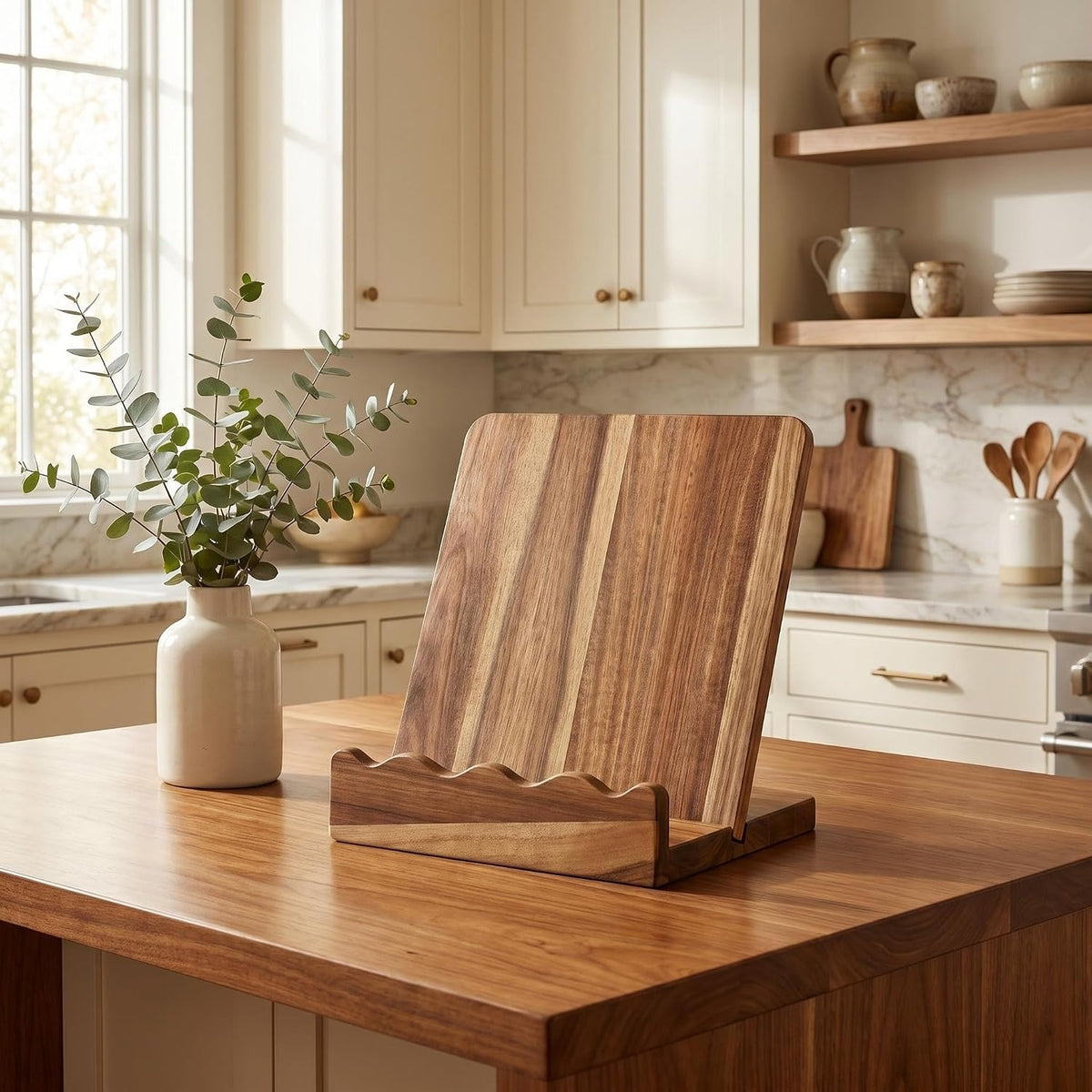 Scalloped Acacia Wood Cookbook Stand, Recipe Book Holder Keeps Pages Open | 2-in-1 Book Holder & Serving Tray，with