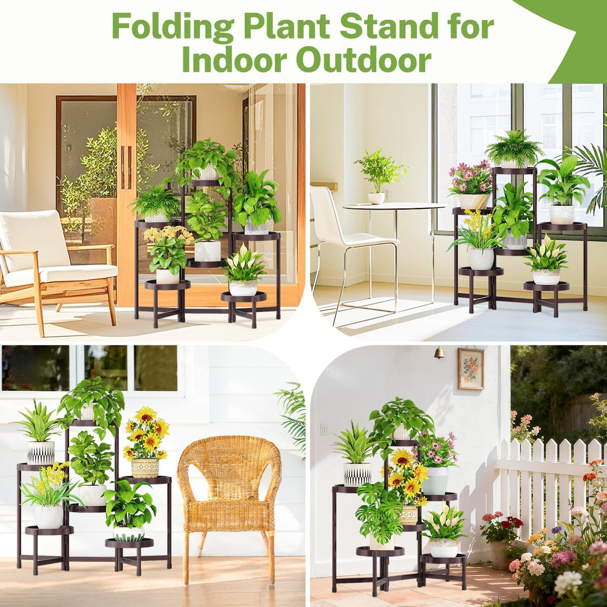 iDavosic.ly 6 Tier Folding Plant Stand Indoor Outdoor, Plastic Tray, Bronze | Space Saving Tiered Corner Storage