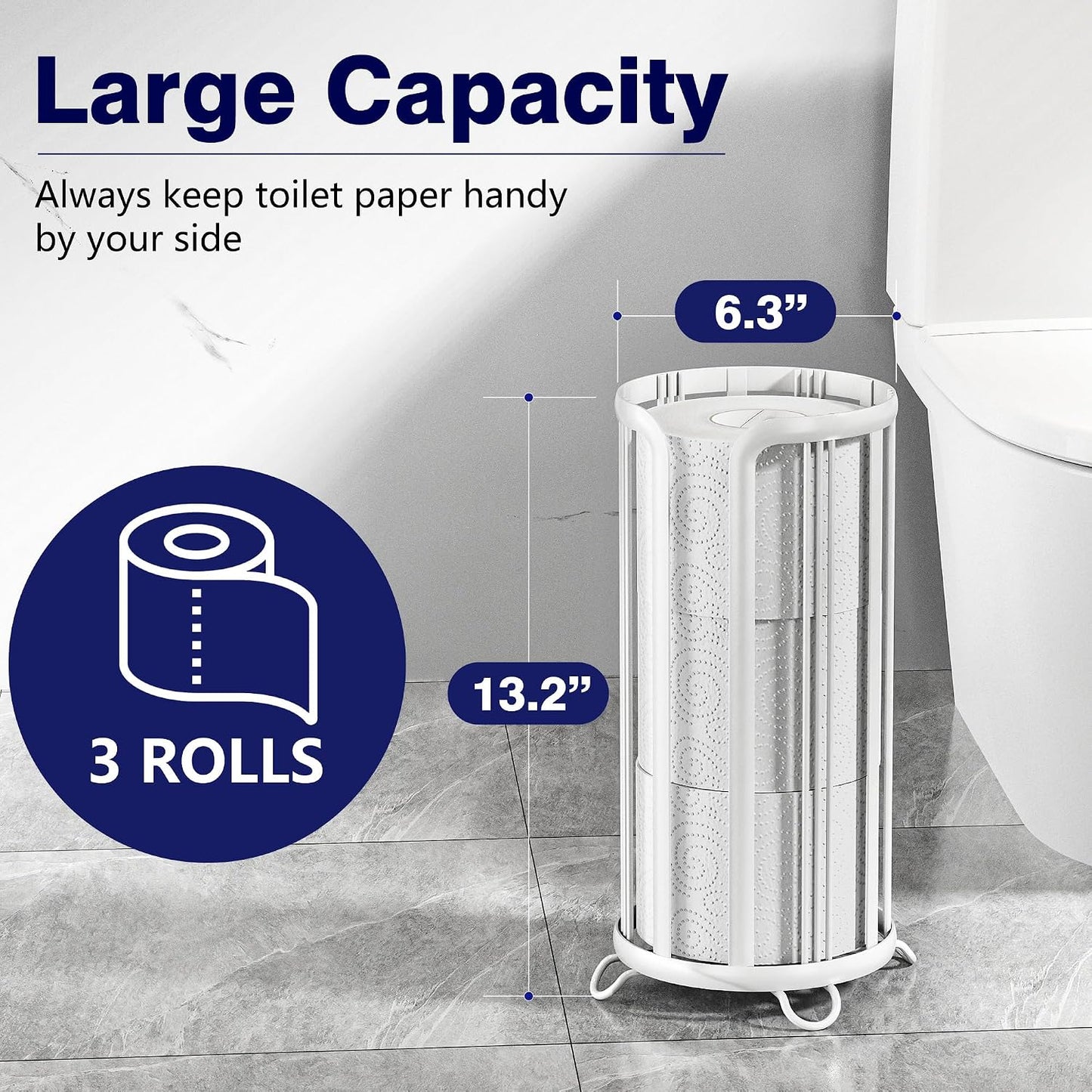 Toilet Paper Holder Stand, Freestanding Bathroom Tissue Organizer, Minimalistic Storage Solution, Reserve Mega