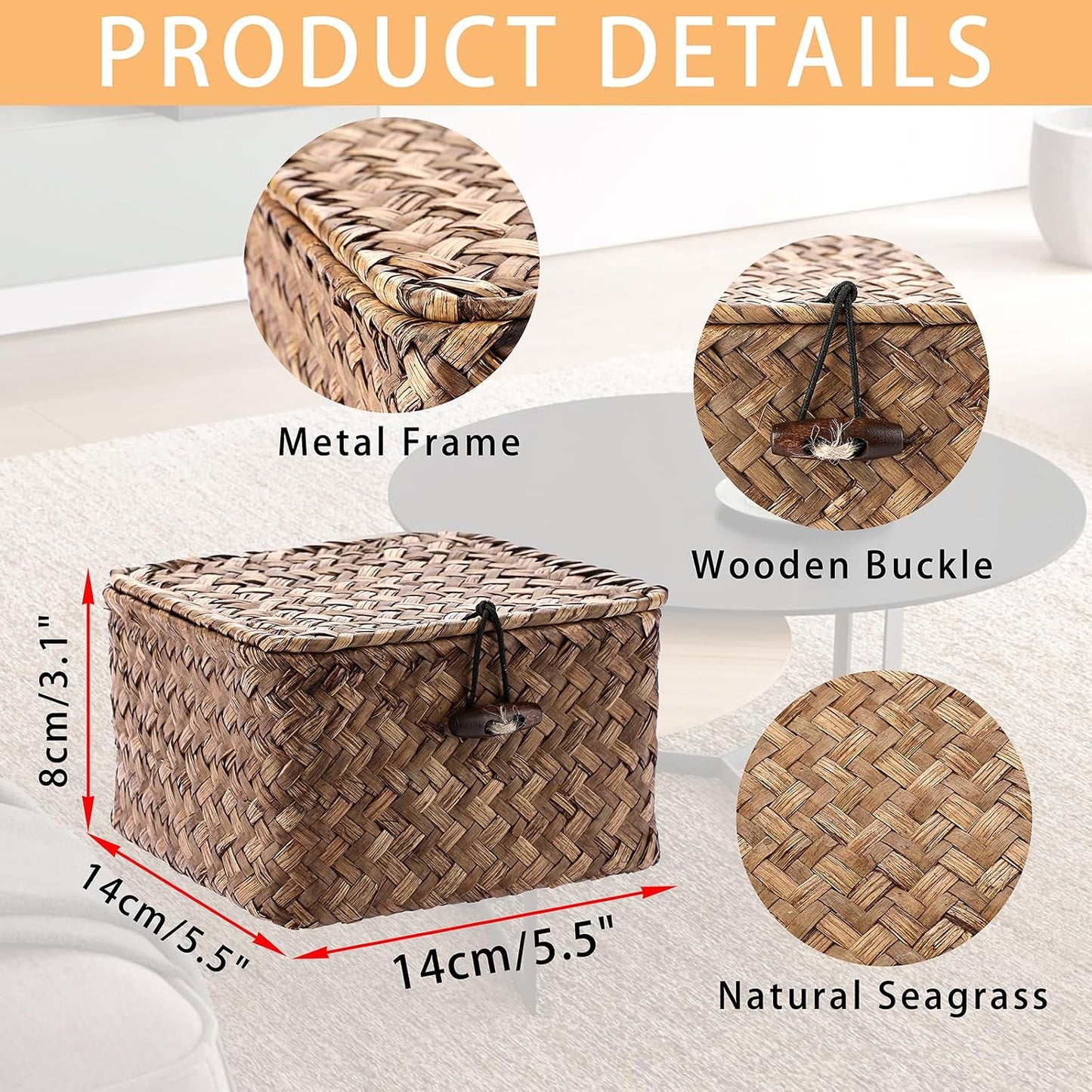 Seagrass Basket / Lid Wicker Storage Basket Square Handwoven Decorative Baskets Box / Small / Coffee