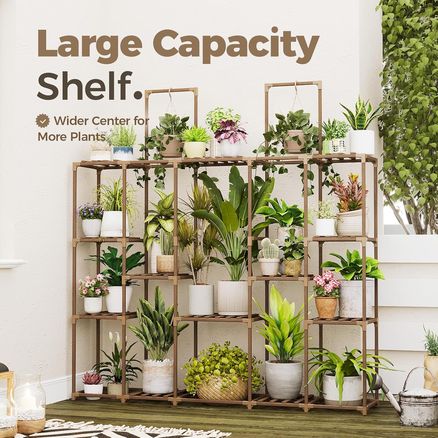 Bamworld Large Plant Shelf Plant Stand Indoor 62.2" Tall Outdoor Plant Holder Wood for Multiple Plants Hanging Plant