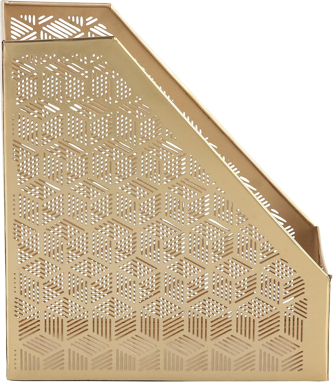 Deco 79 Metal Geometric Single Slot Magazine Holder with Laser Carved Design, 5" x 10" x 12", Gold
