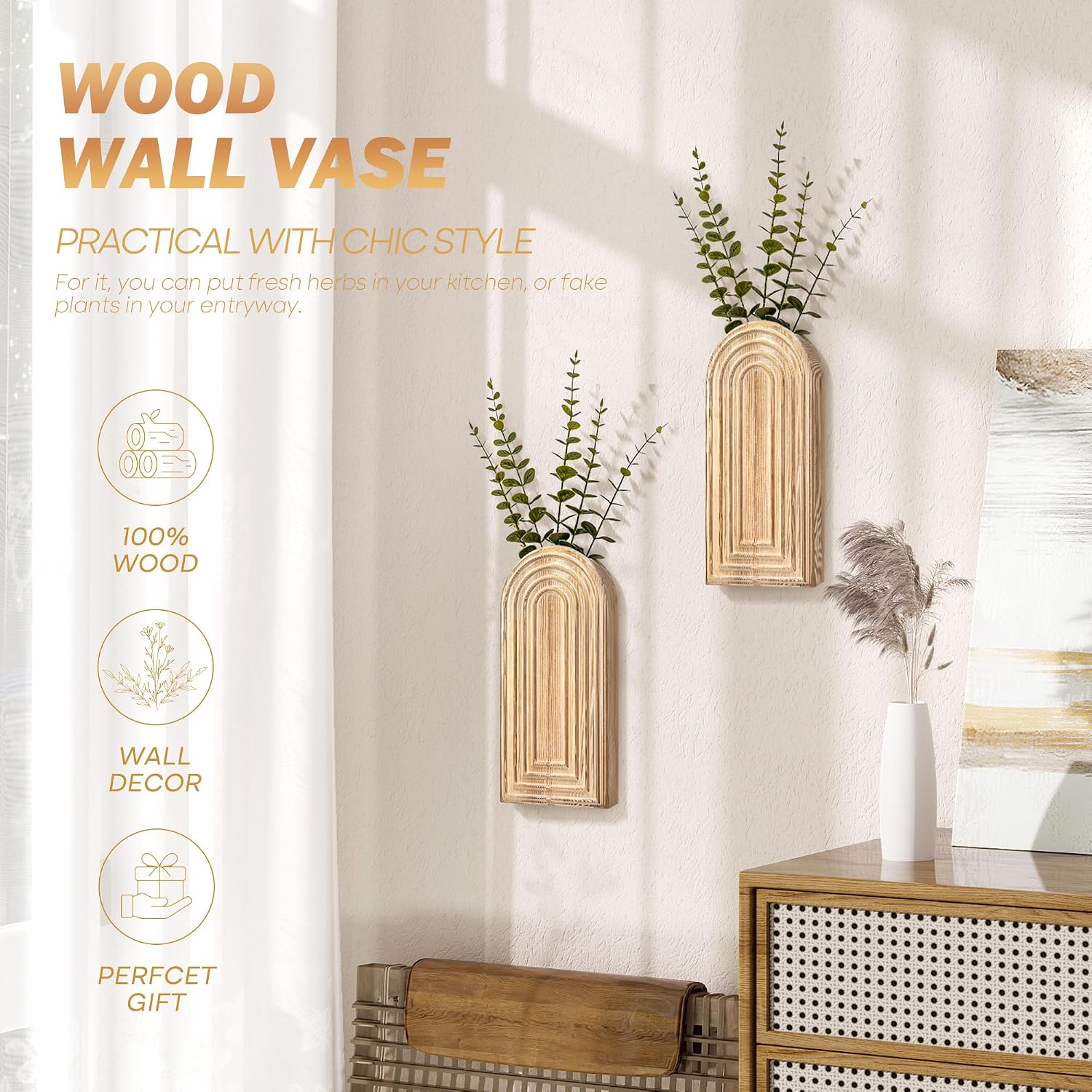 Pine Wood Wall Vases / Natural Wood / Set of 2