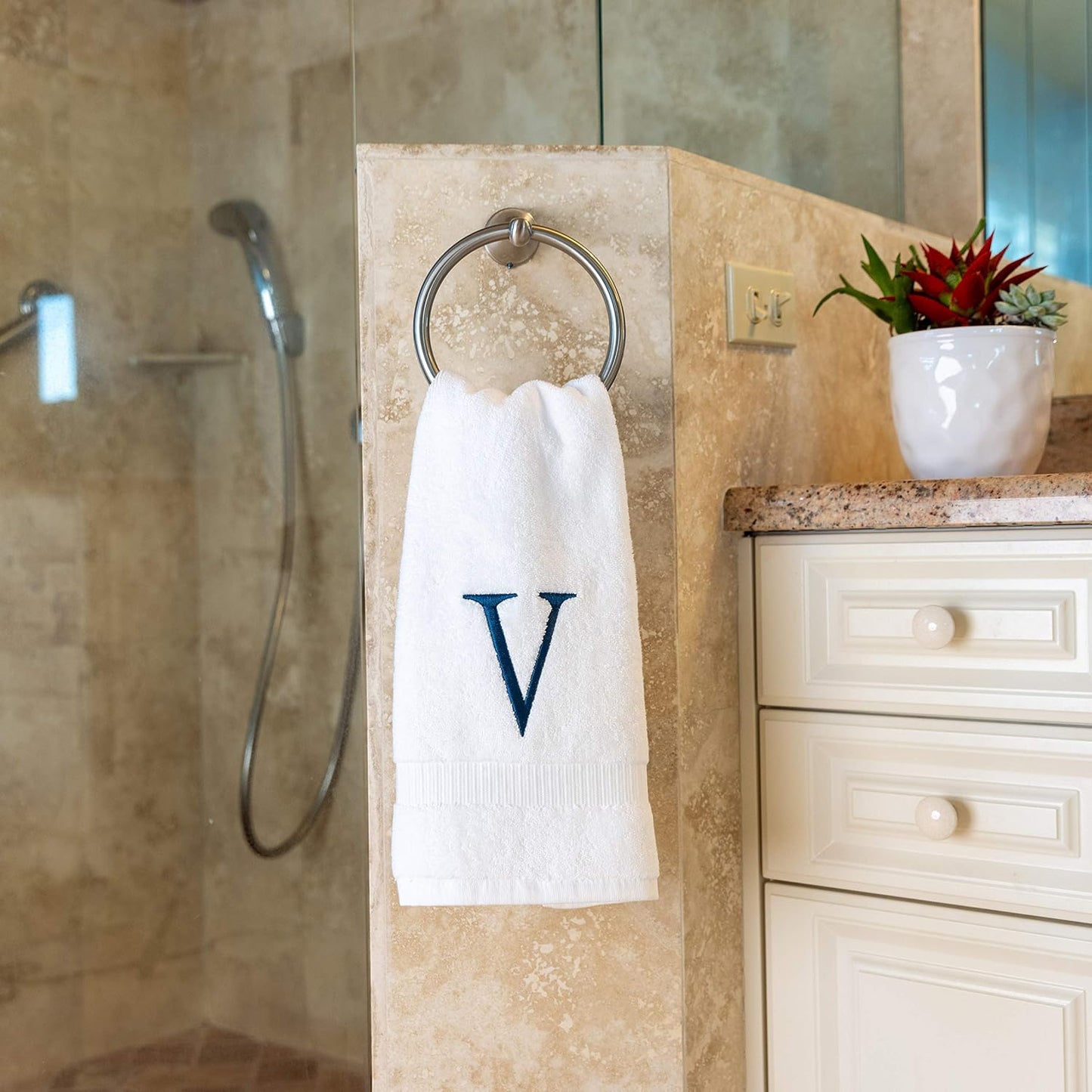 White with Navy Monogrammed Hand Towels for Bathroom - Set of 2 Letter V | Luxury Hotel Quality Initial Towels For