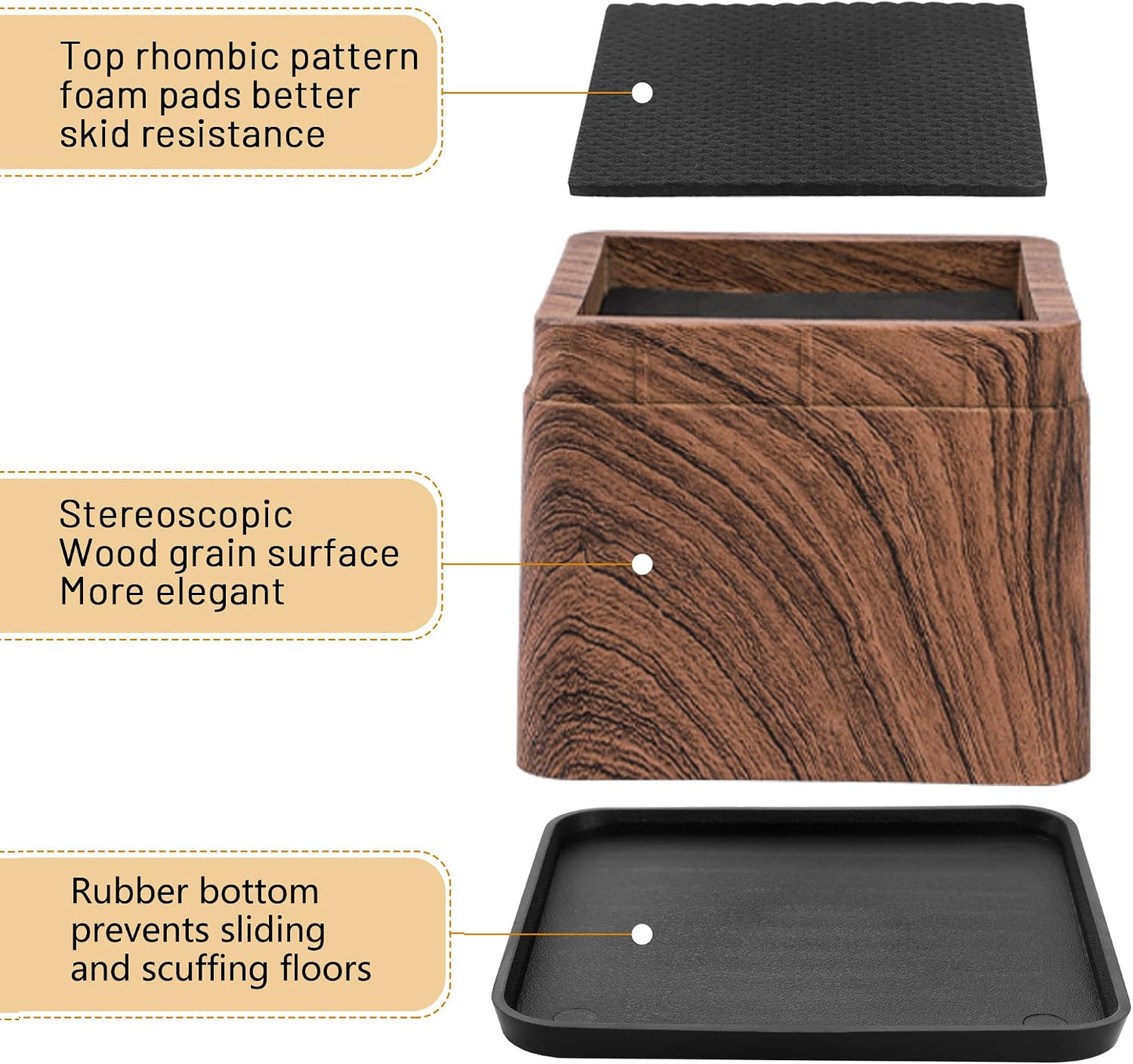 BTSD-home Wood Bed Risers 3 Inch, 8 Pack | Heavy Duty Square Furniture Risers, 2,200 lb, Anti-Slip Pads, Dorm Room